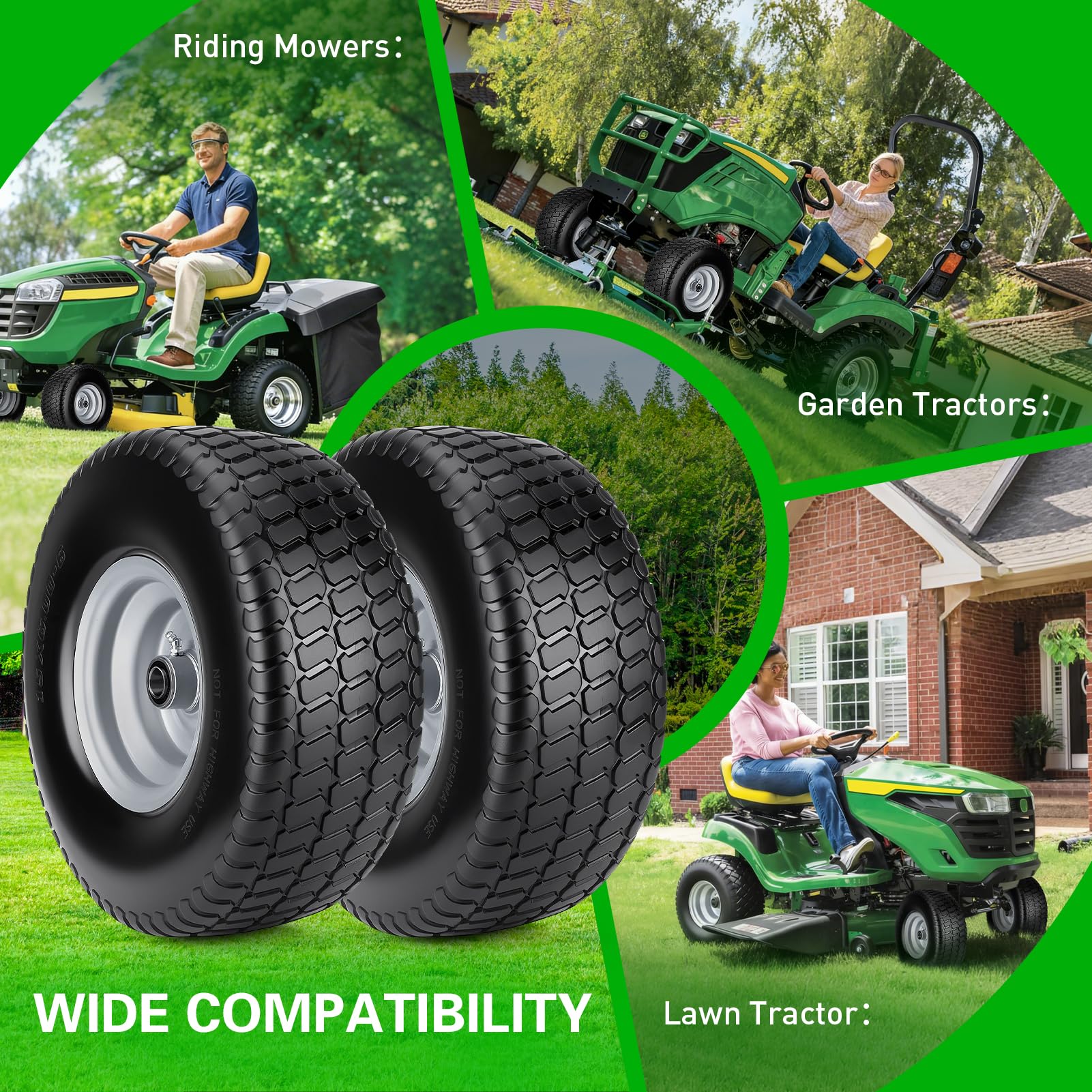 2 neumáticos y ruedas planas de 15 x 6.00-6, neumáticos de cortacésped NHS de 15 x 6-6 con cubo centrado de 3 pulgadas para cortacésped John Deere/Husqvarna/Craftsman, tractor de césped, con