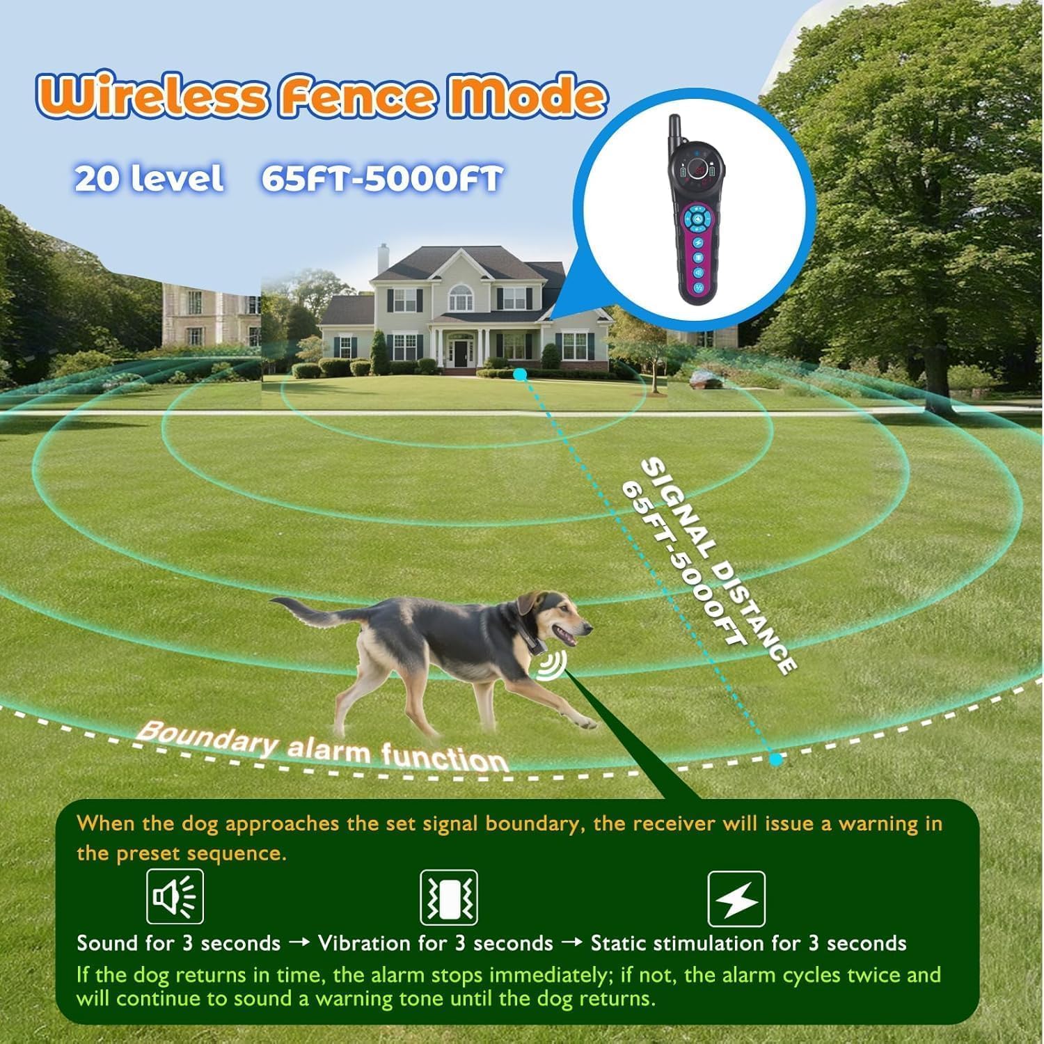 DOTSTAR Wireless Dog Fence Training Pet Collar 2-in-1 System, Adjustable Control Range 5000ft, Rechargeable Waterproof Training Collar, Pet Electric Containment System for Large Medium Dogs