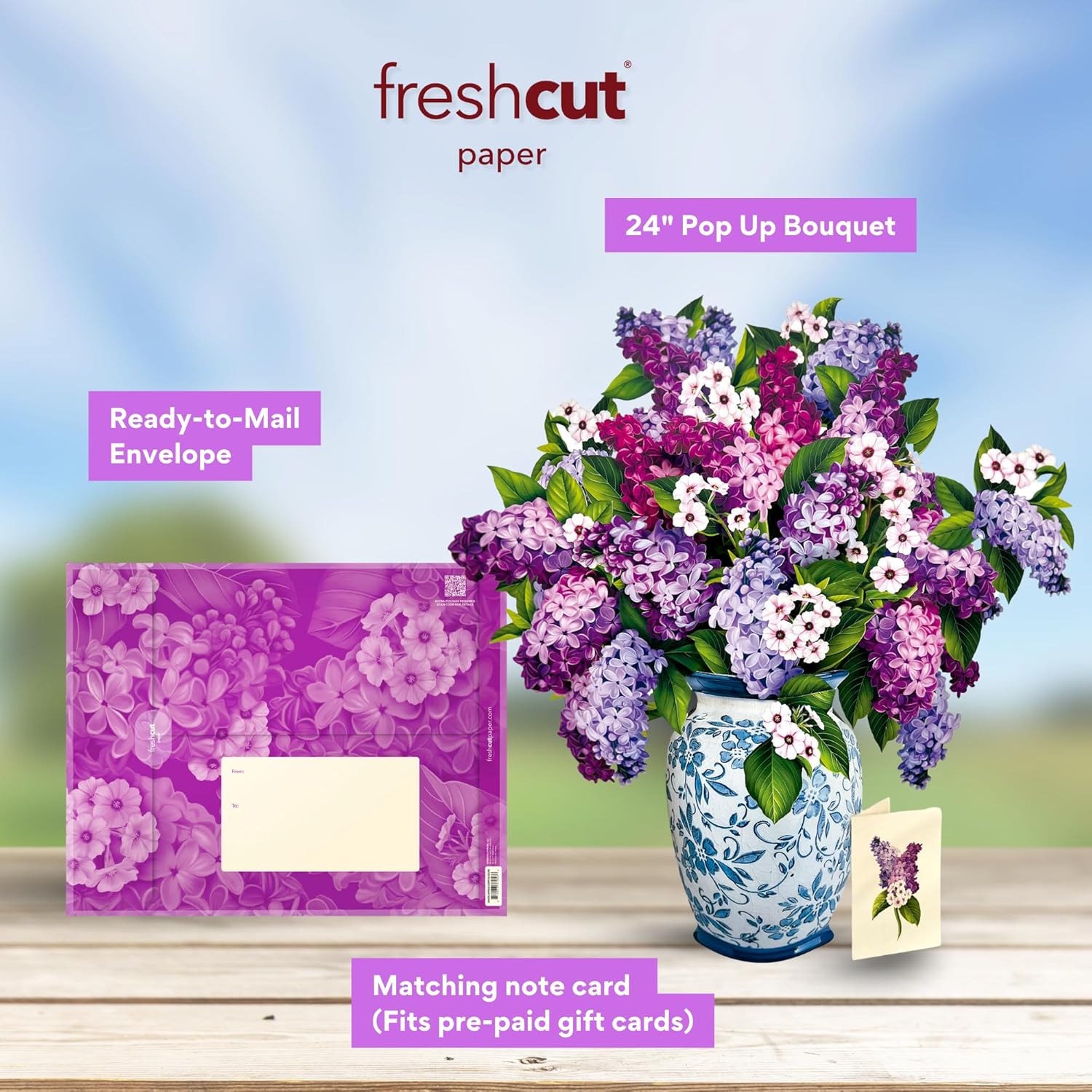 Freshcut Paper Pop Up Cards, Grande Garden Lilacs, 18 Inch Life Sized Forever Flower Bouquet 3D Popup Greeting Card, Birthday Cards, Thank You Card, Blank Notecard & Envelope - Image 3