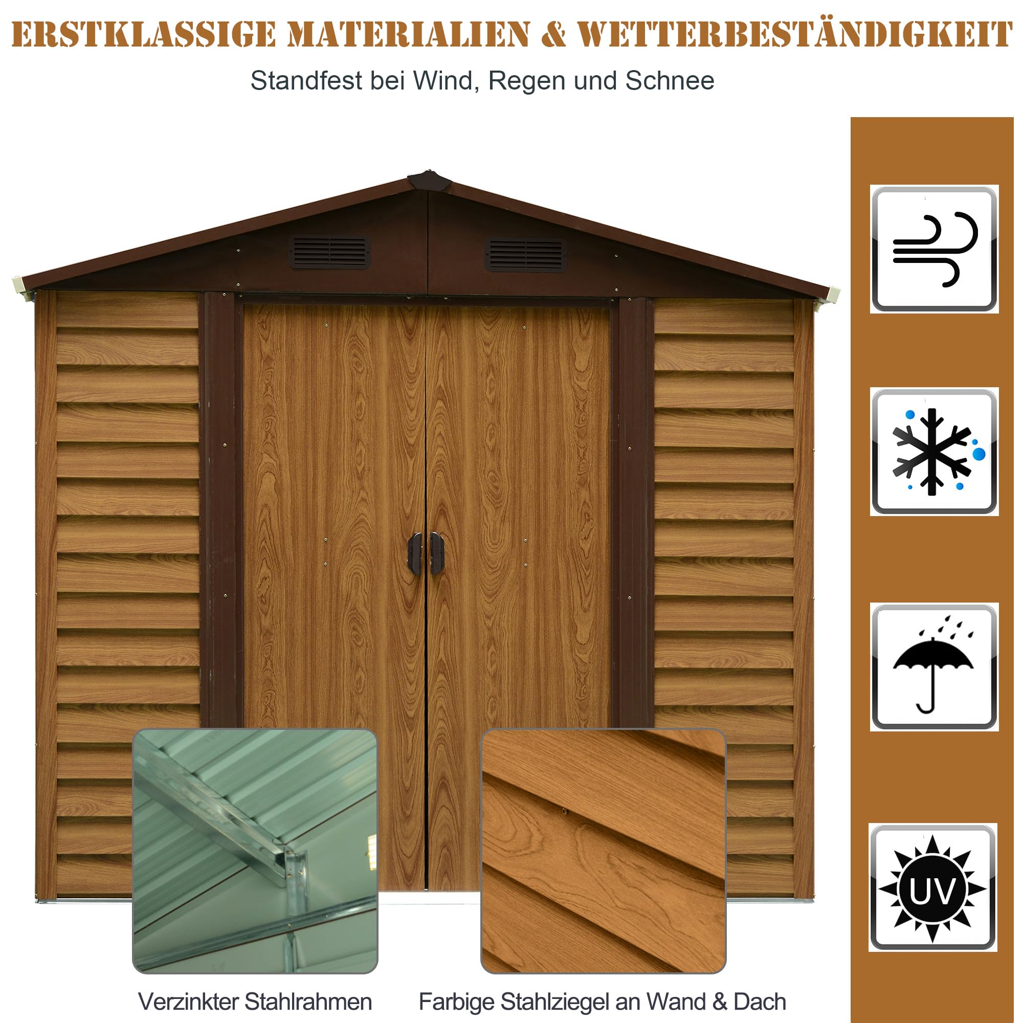 Outsunny Gartenschuppen Geräteschuppen Gerätehaus Gartenhaus mit Fenster, Schiebetüren, wetterfest Gartenhütte mit Holzoptik Stahl Braun 152 x 235,7 x 208,7 cm