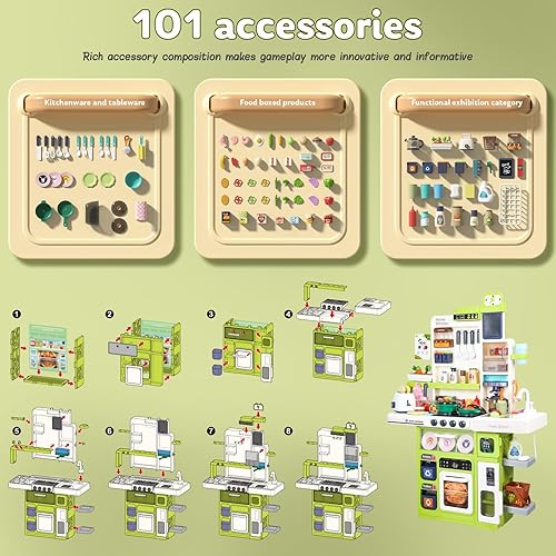 Miniatura 4 de Juego de 101 piezas de cocina para niños, juego de cocina para niños pequeños con estufa de sonido, luces, música, grifo, fregadero y comida de
