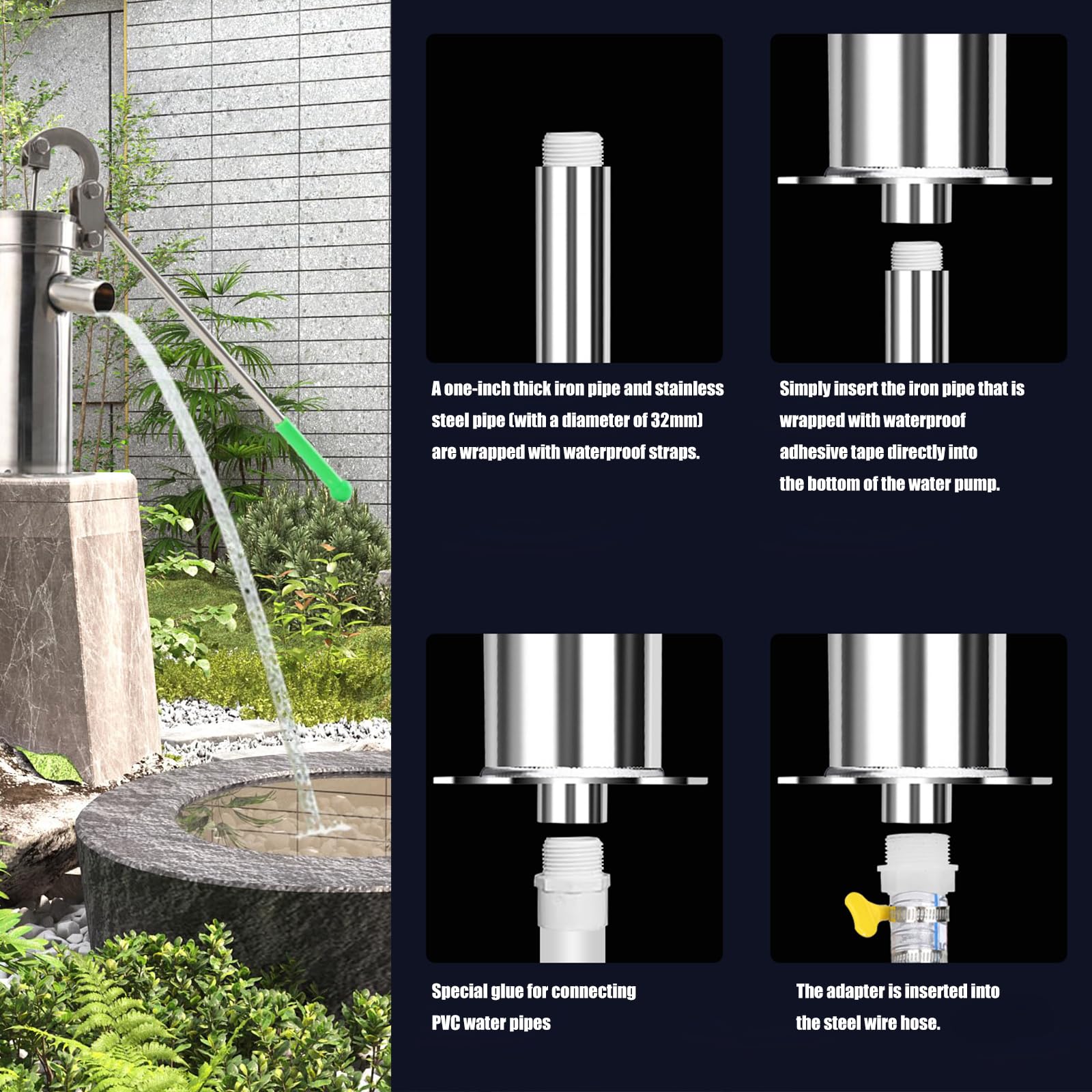 Pompe manuali ergonomiche da pozzo a 360 giri con manico brocca ad alta efficienza energetica per un efficiente approvvigionamento idrico da giardino in acciaio inossidabile per la manutenzione del