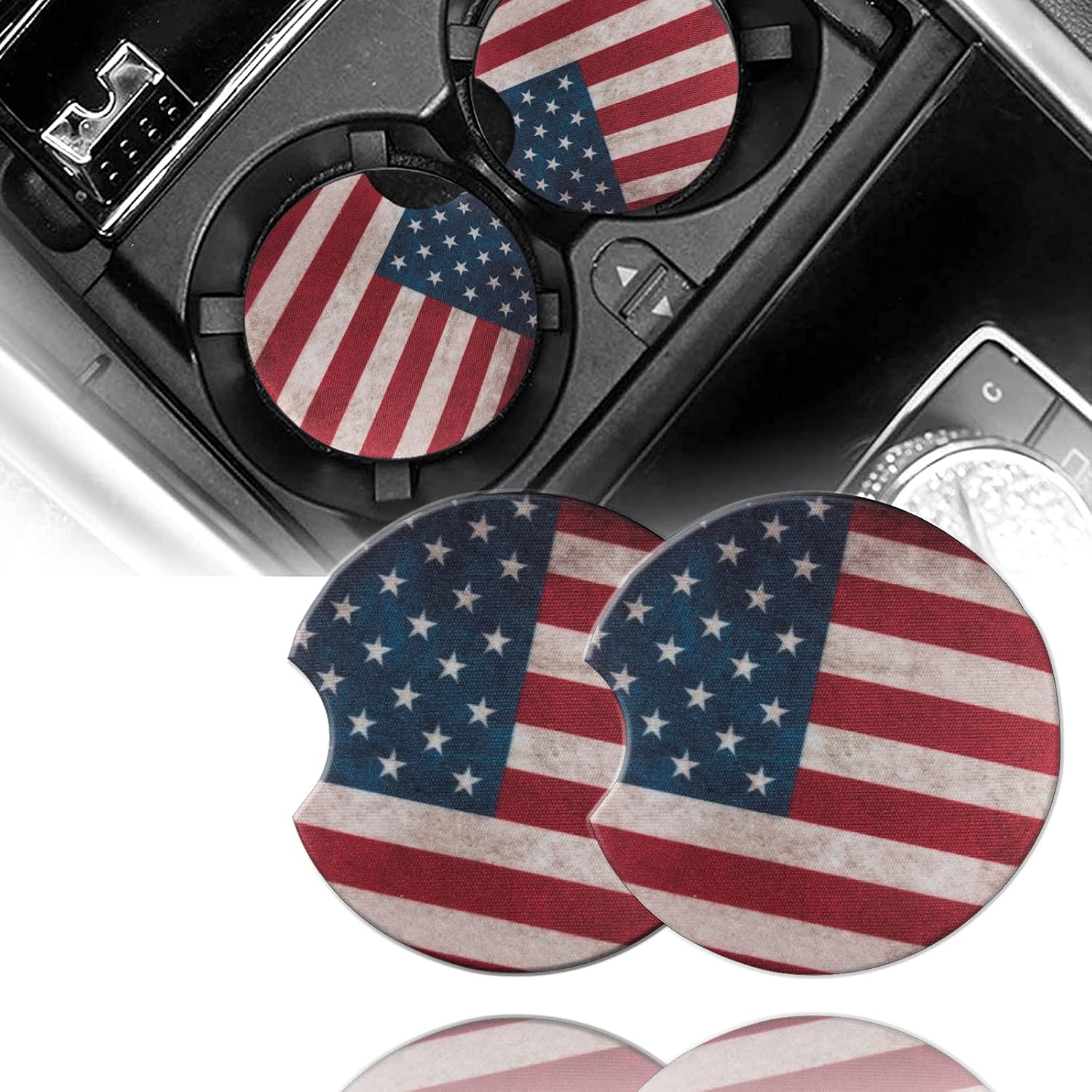 Car Coasters for Cup Holders -Yurmiki 2PCS Universal Vehicle Car Cup Holder Insert Coaster 2.75 inch Cute Neoprene Anti Slip Auto Car Accessories for Women & Lady (American Flag-3)