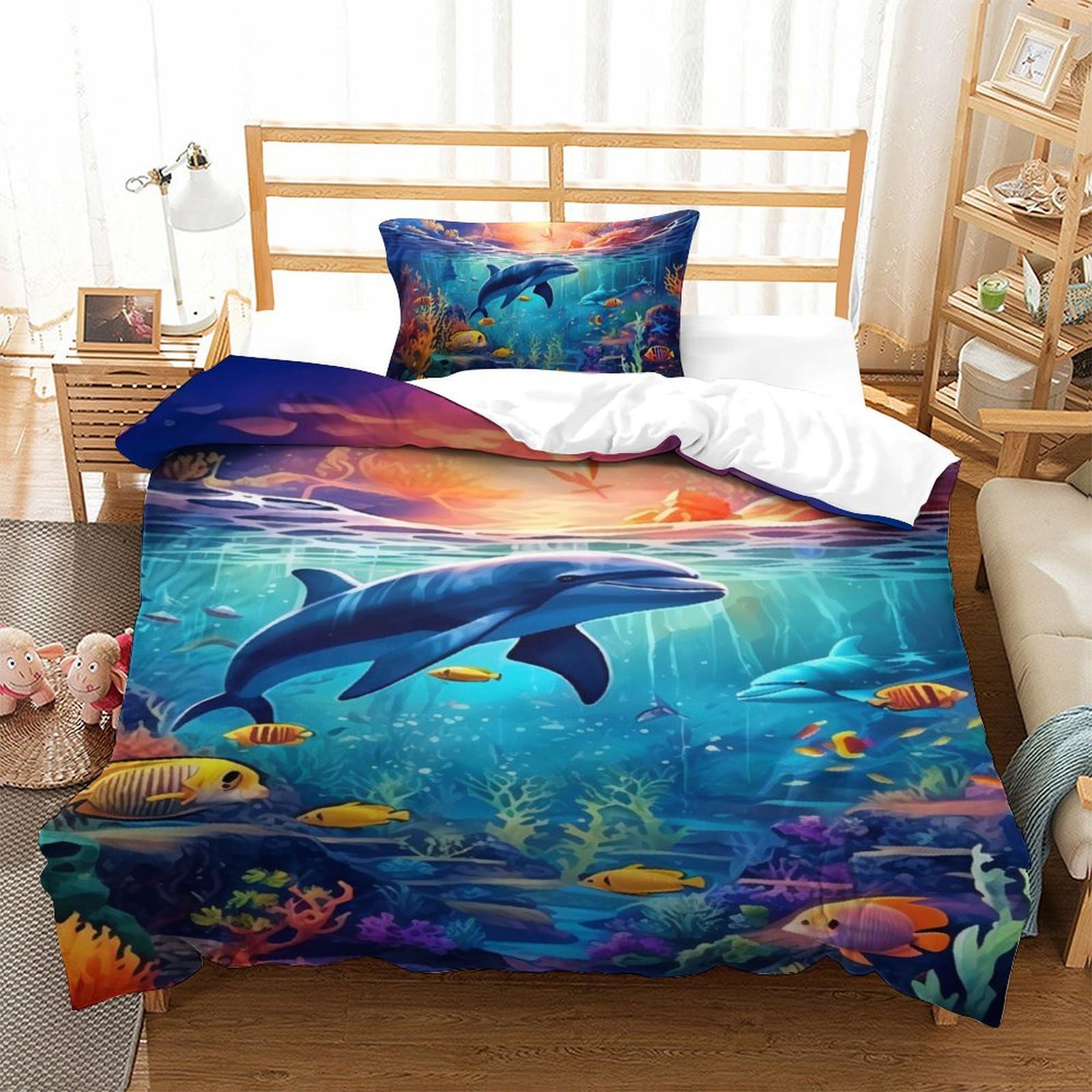 Parure de lit dauphin 135x200 cm en microfibre pour chambre d'enfant