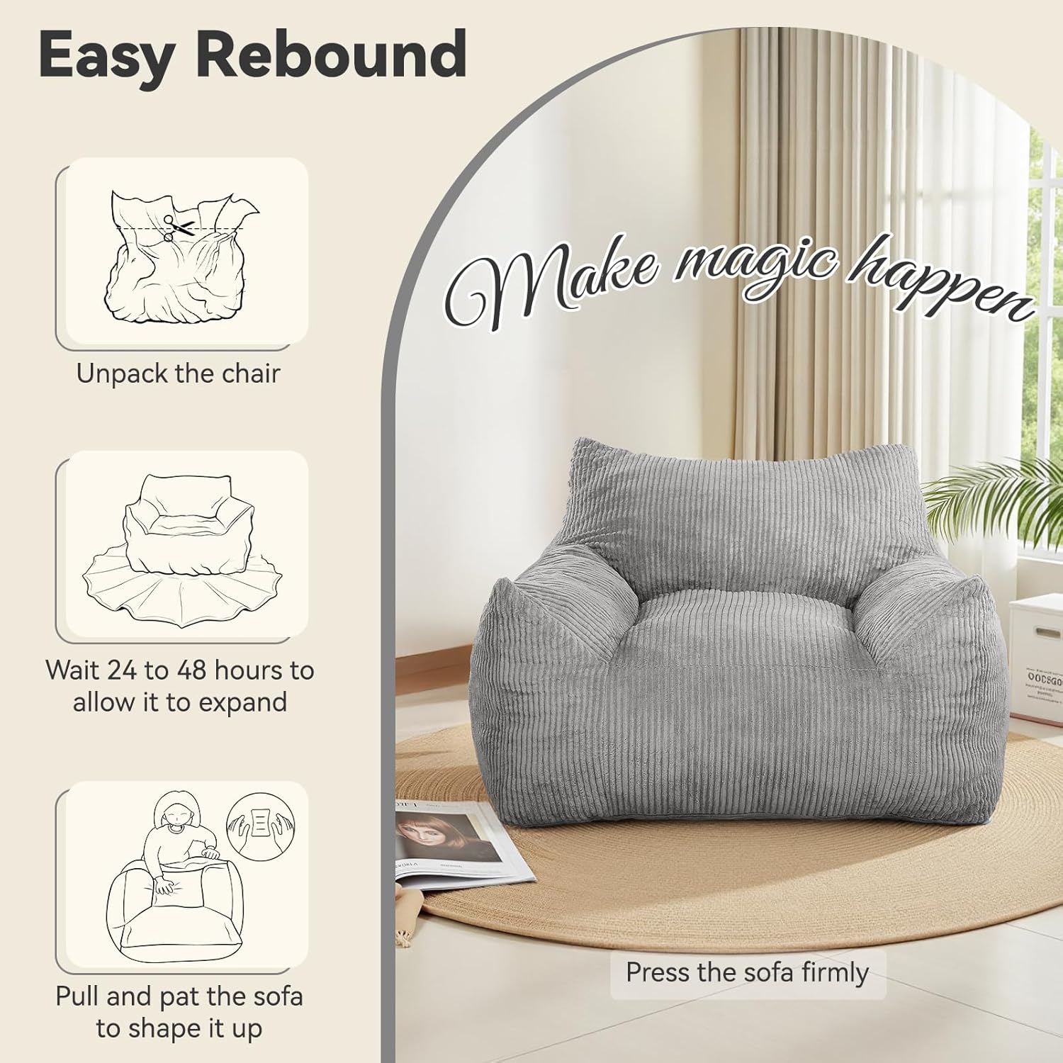 Bean Bag Chairs with Ottoman, 3FT Beanbag Chair for Teens or Adults Pre-Filled Fluffy Lazy Chairs Comfy Chair for Bedroom Living Room Dorm (Gray) - Image 4