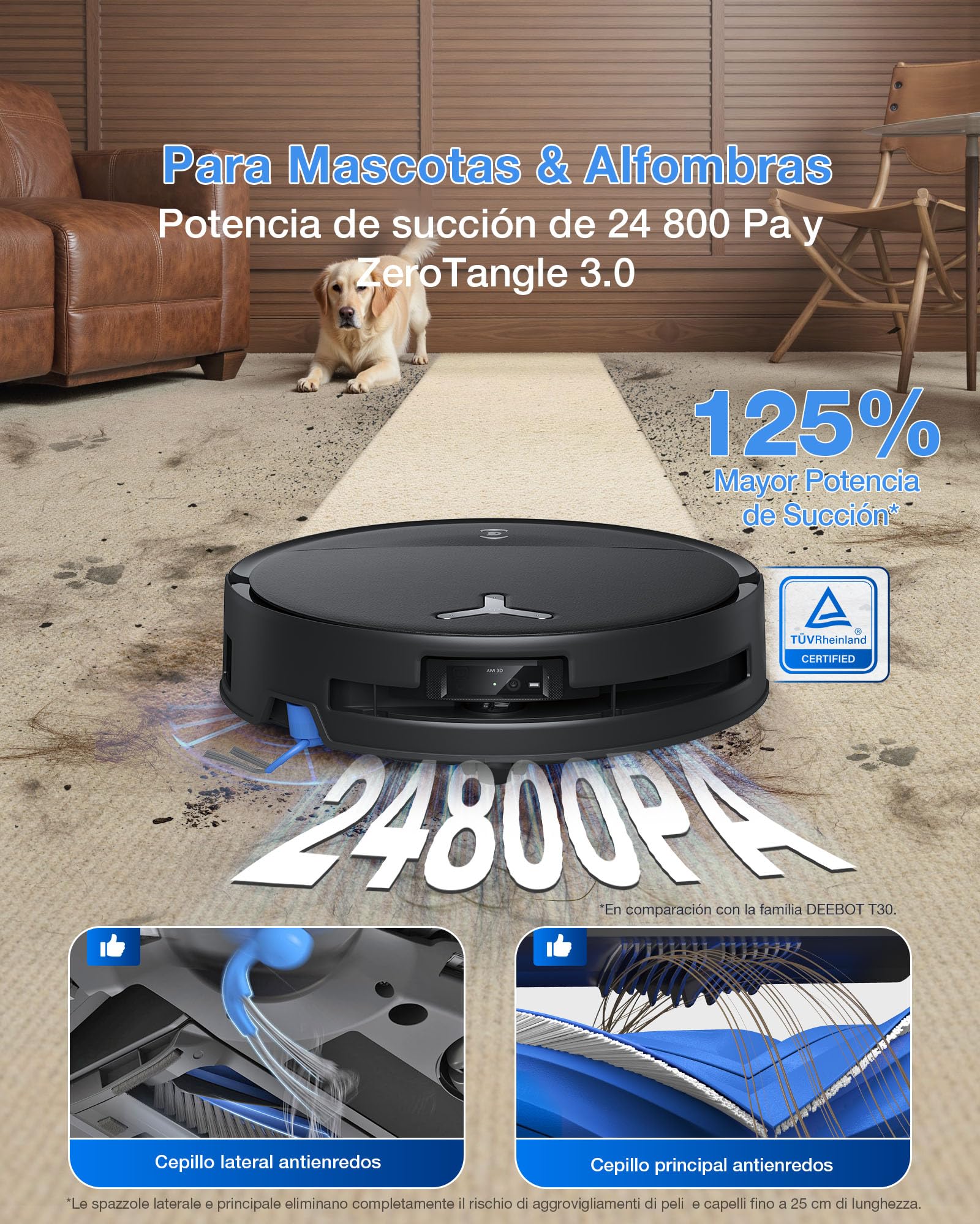 ECOVACS DEEBOT T80S Omni Robot Aspirador y Mopa, 24 800 Pa, OZMO Roller 2.0, Tecnología ZeroTangle 3.0, Mecanismo Triple Lift, Lav Mopa con Agua Cal a 40-75 °C, Secado Aire Cal, Negro