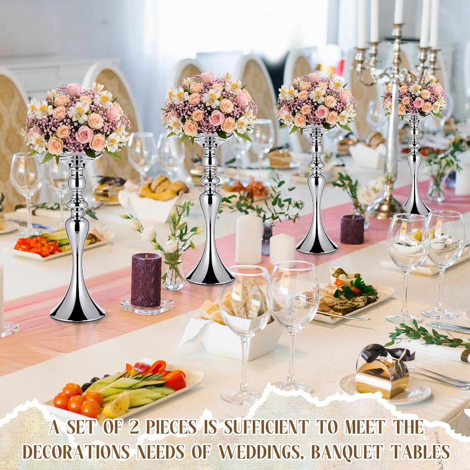 Sadnyy 2 Pcs Sliver Metal Flower Arrangements Stand Tall Wedding Centerpiece Stand Table Decor Flower Vase for Wedding Reception Event Party Dinner Home Decor(15 Inch)