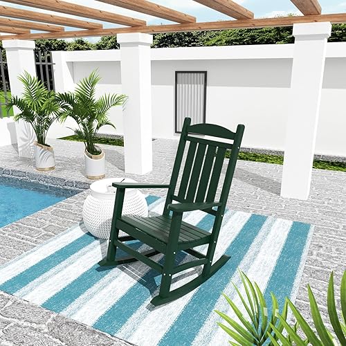 WO Home Furniture Silla Mecedora de Patio Estilo Granja Exterior HDPE Resistente a UV y Clima (Verde Oscuro)