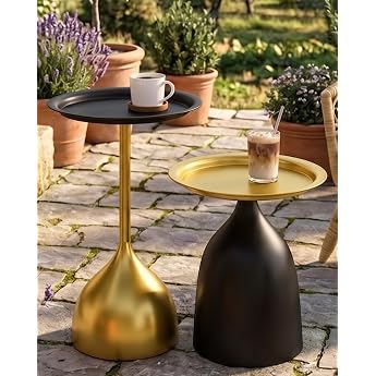 Set of 2 Side Tables Black Gold Round Small Coffee Table Metal