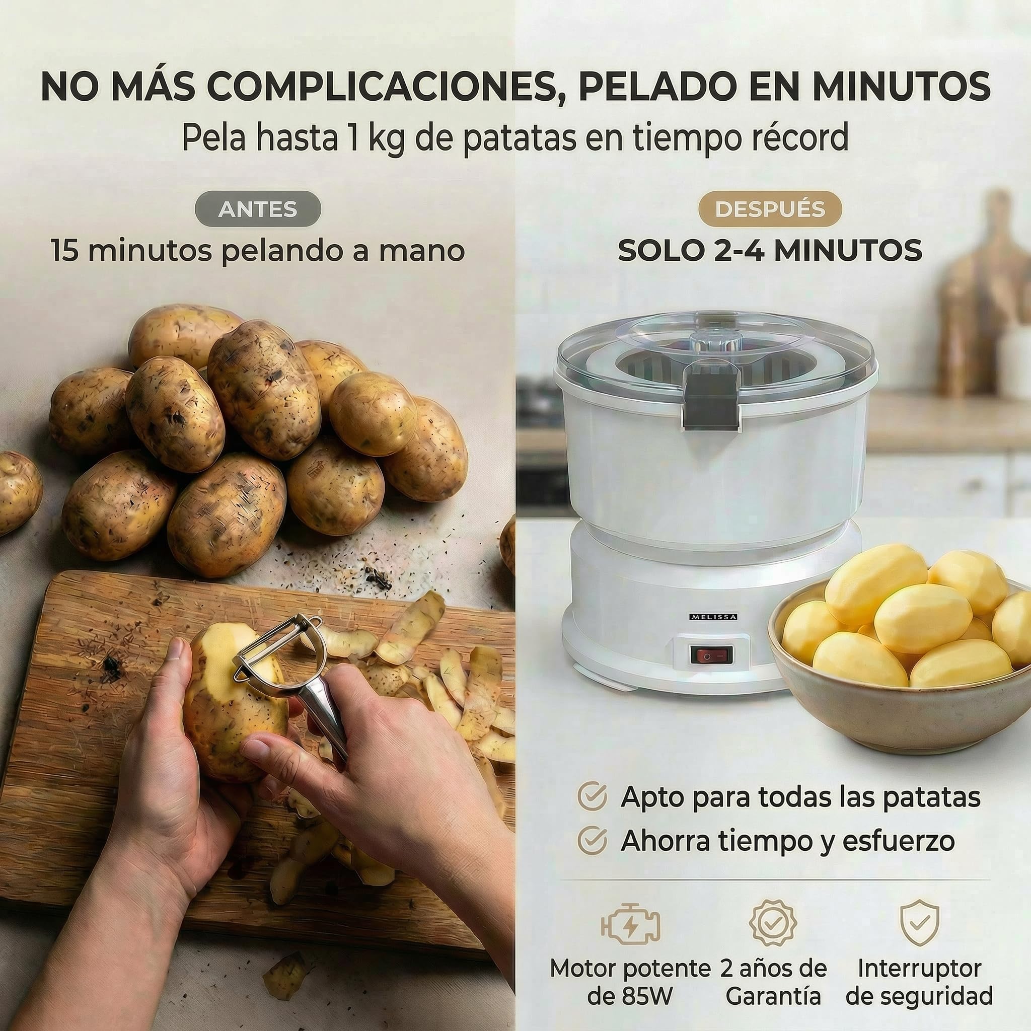 MELISSA 16220008 - Pelador de patatas eléctrico, capacidad de 1 kg, con centrifugadora de ensalada, 85 W, color blanco