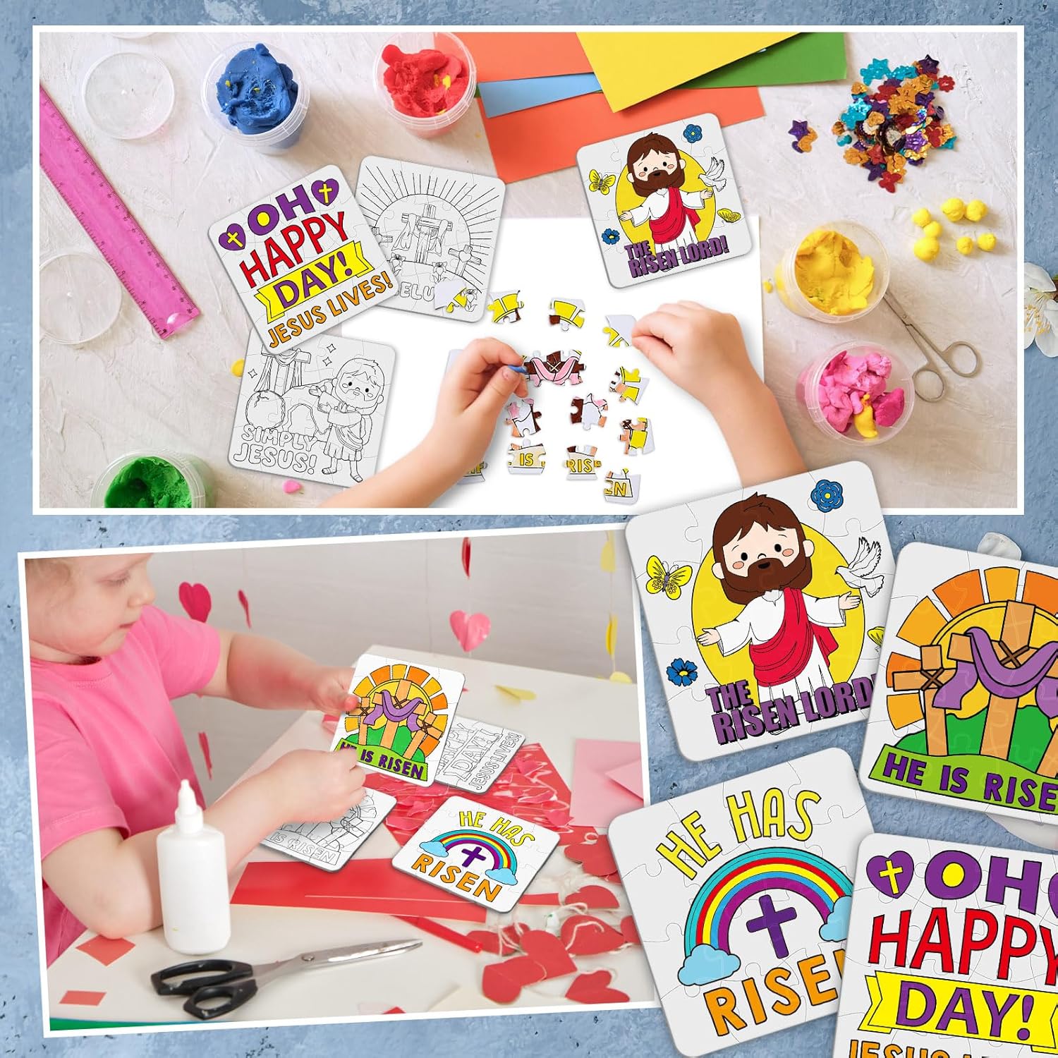 Realspring 24 Pack Easter Jesus Color Your Own Jigsaw Puzzles for Kids Religious Christian He Lives He Is Risen Coloring Puzzles DIY Paper Jigsaw Party Favors Gifts Exchange Classroom Educational Game