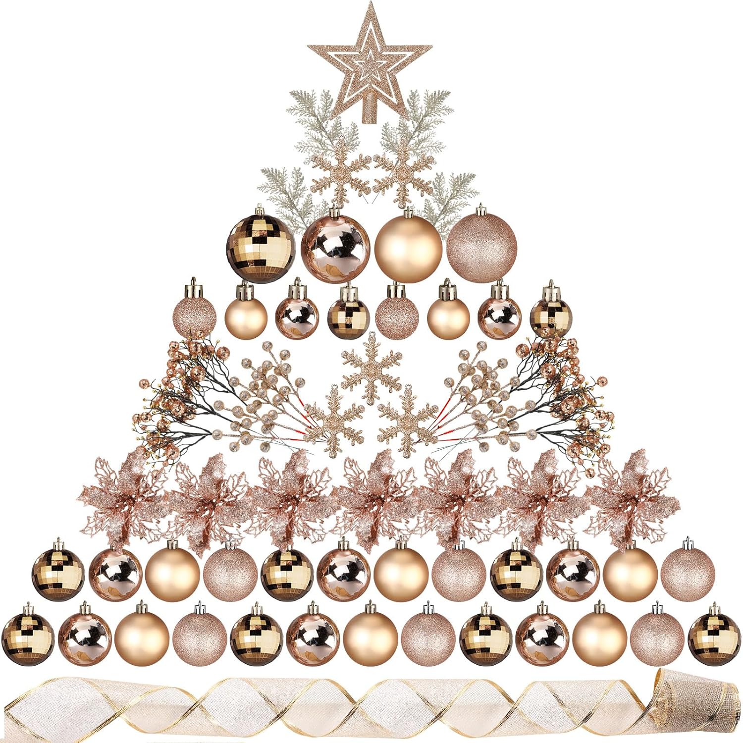 Sratte 94 Pcs Christmas Tree Decorations Set, Christmas Tree Ball Ornaments Glitter Poinsettia Flowers Decorations Glitter Berries Stems for Xmas Holiday Wedding(Champagne Gold)