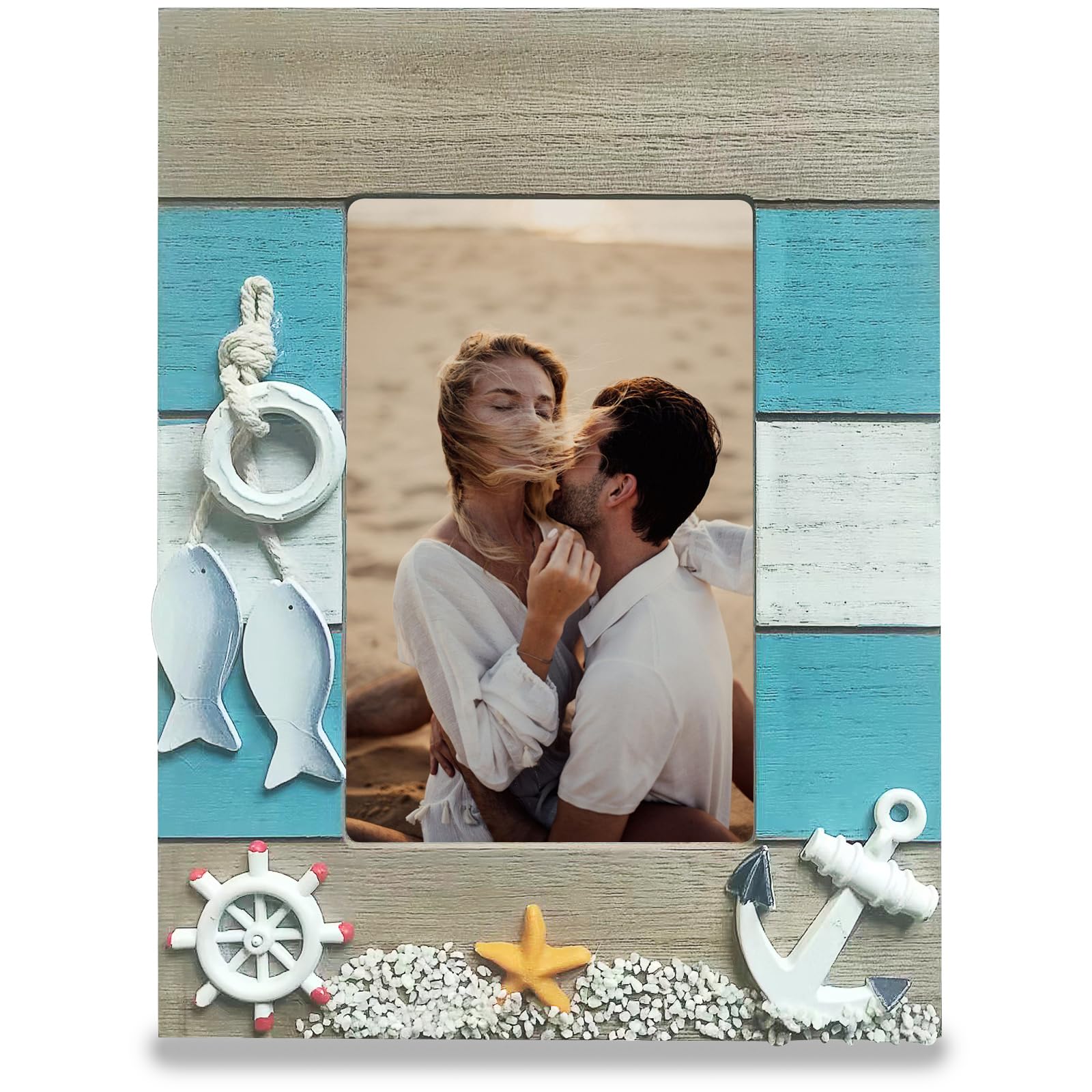 MUAMAX Beach Picture Frames for 4x6 Photos, Distressed Nautical Home Decor, Rustic Wood Mediterranean Photo Frame Holder for Nautical Beach Themed Home Coffee Shop Decoration