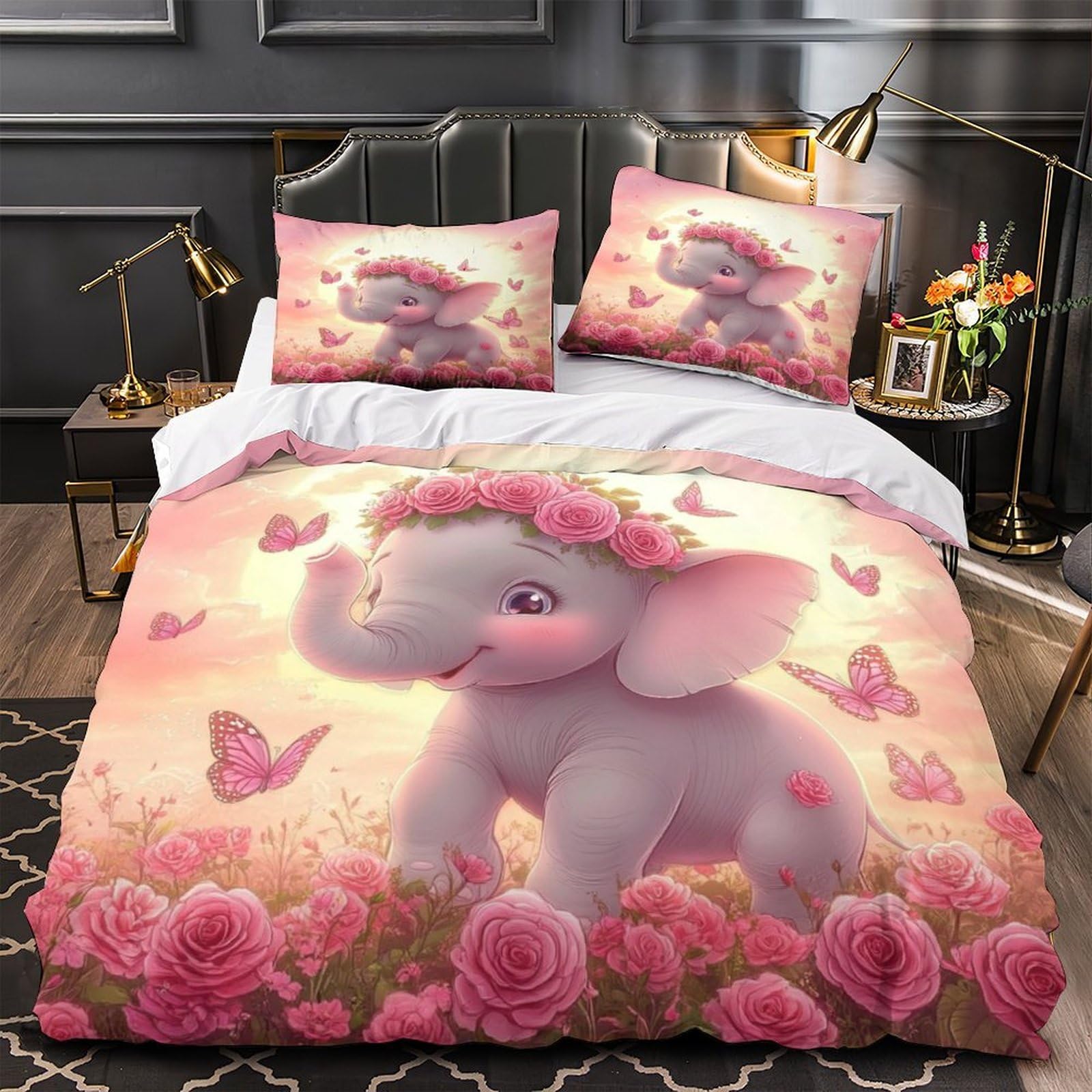 Parure de couette éléphant dessin animé floral pour créer un cocon douillet de chambre d'ado