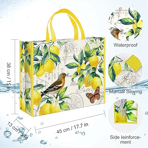Miniatura 2 de NymphFable Paquete de 5 bolsas de compras reutilizables con limones, pájaros, mariposas, lavables, bolsas de tela