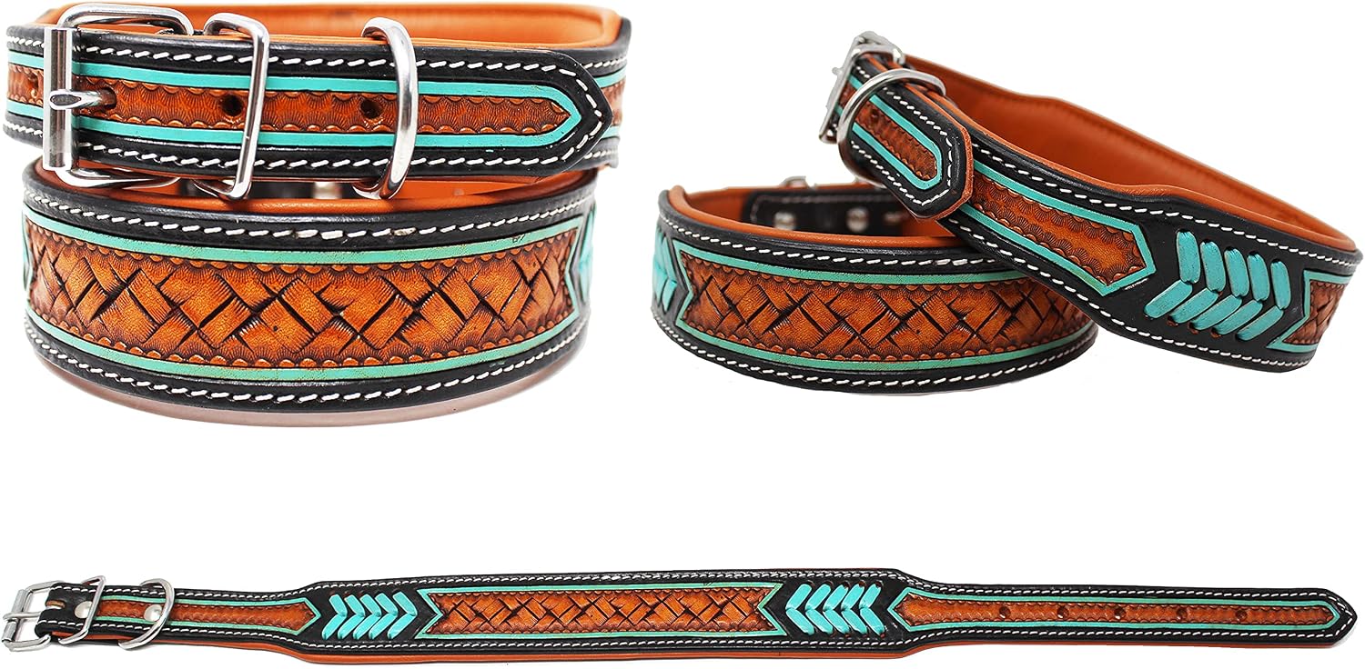 Small 13''- 17'' Padded Leather Dog Collar Heavy Duty Floral Tooled 60FK32