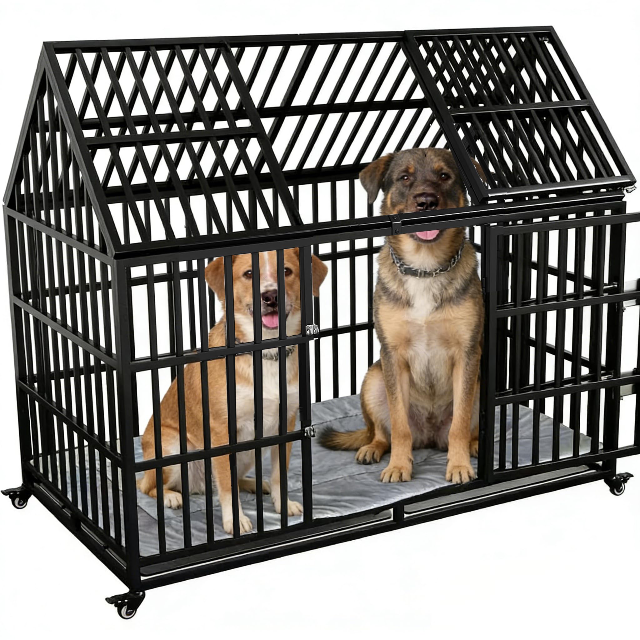 54 Dog Crate with Mat, Large Dog Crat for for Large Dogs, Heavy Duty Dog Kennel Indoor with Roof Top, XL,XXL Dog Cage forTwo Dogs