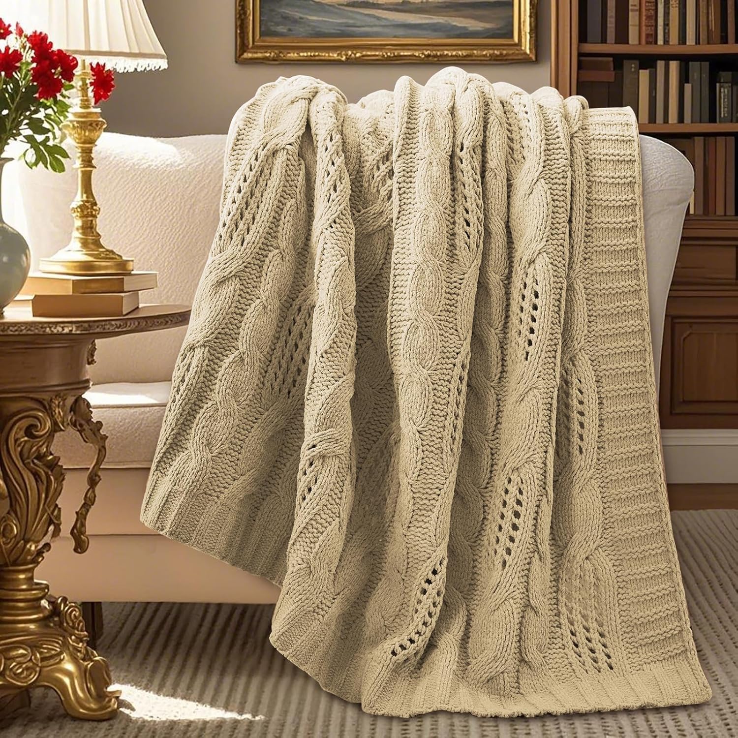 Amélie Home Chunky Knit Throw Blanket, Dual-Sided Soft Chenille Breathable Cable Knitted Blanket for Couch, Farmhouse Decorative Throw for Sofa & Chair, 50"x60", Beige