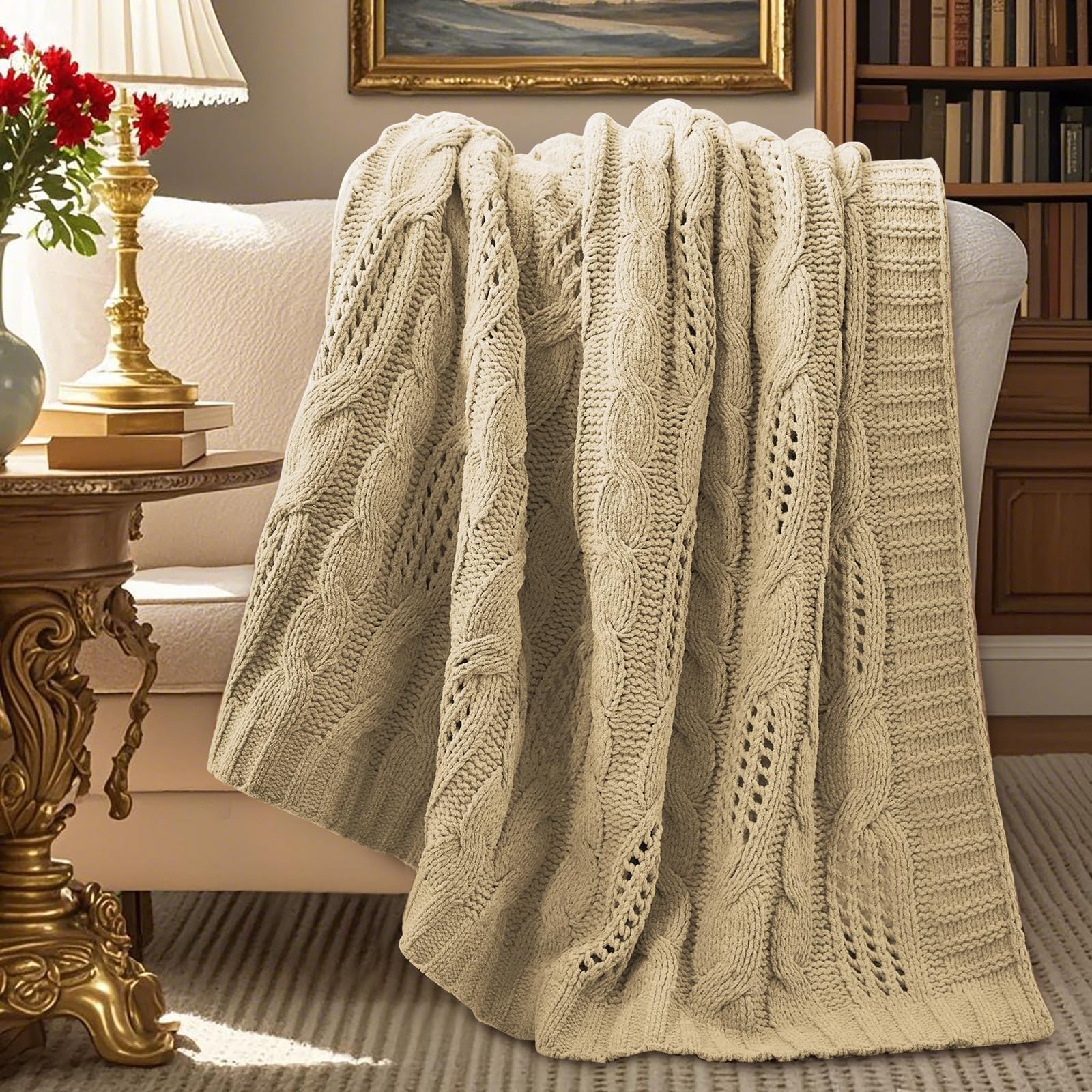 Amélie Home Chunky Knit Throw Blanket, Dual-Sided Soft Chenille Breathable Cable Knitted Blanket for Couch, Farmhouse Decorative Throw for Sofa & Chair, 50"x60", Beige