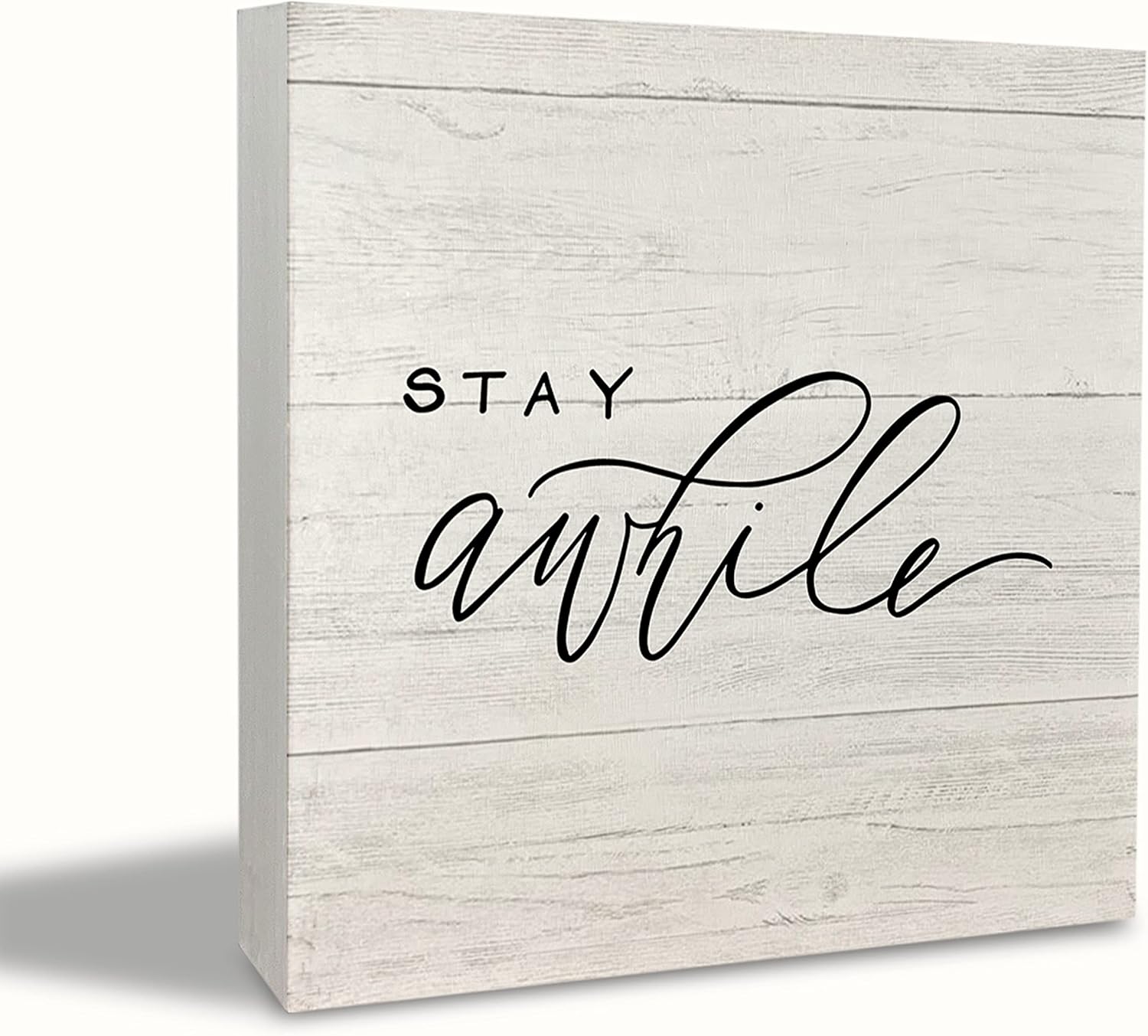 KEUSPI Farmhouse Stay Awhile Rustic Housewarming Wood Block Plaque Box Sign Desk Decor for Home Bedroom Wall Tabletop Shelf Decorations Stay Awhile 5x5inch