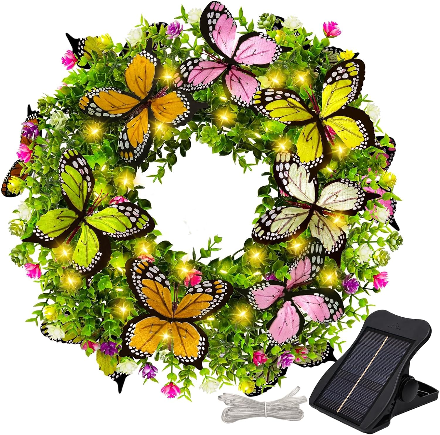 ZFNN Wreaths for Front Door with Solar Lights, 18” Spring Summer Wreaths with Artificial Flowers and Butterflies, Greenery Hanging Garland Décor for Wall, Porch, Window, Farmhouse, Wedding