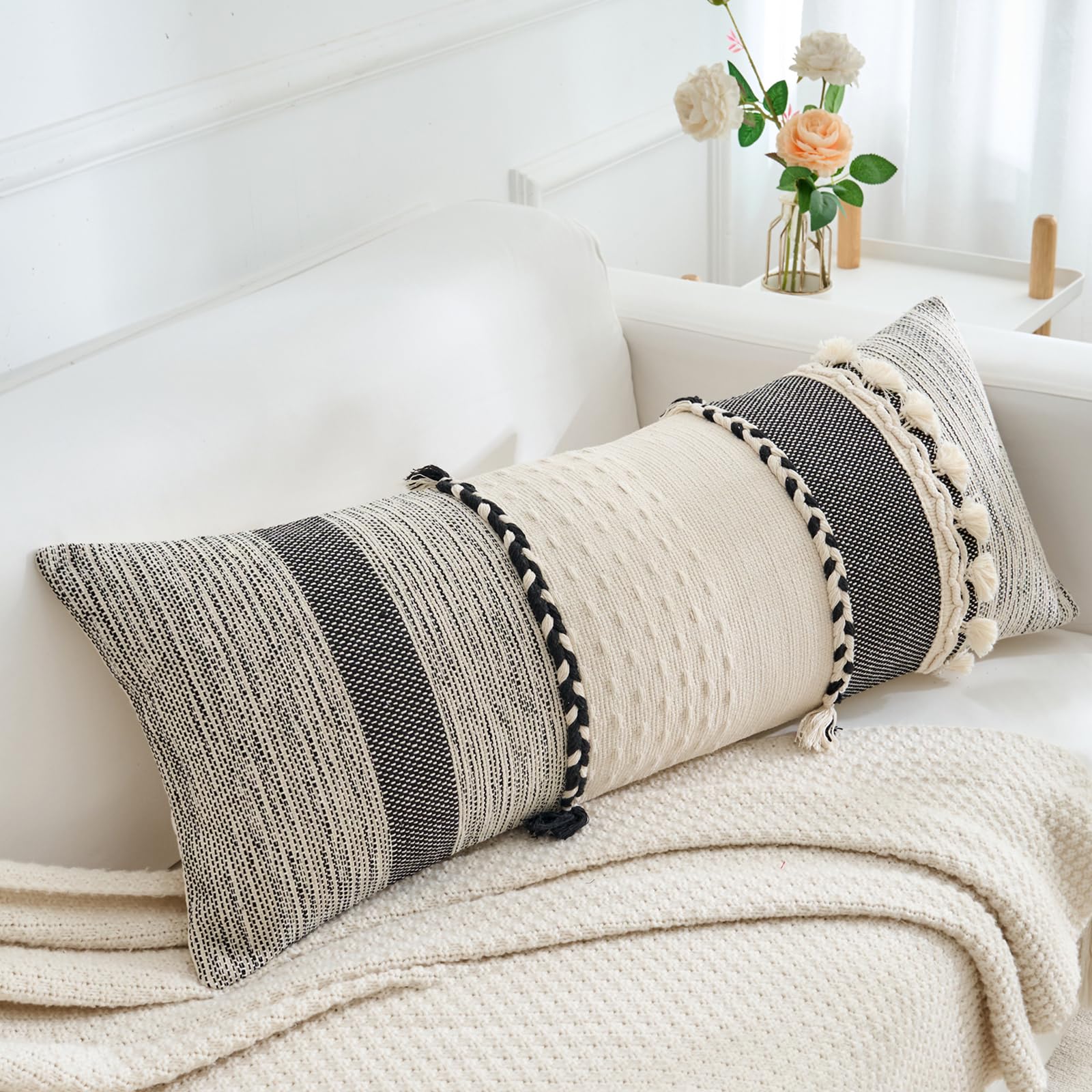 Labilin Long Lumbar Cushion Covers 14x36, Boho Long Decorative Pillows with Tassels Pillowcase - Image 2