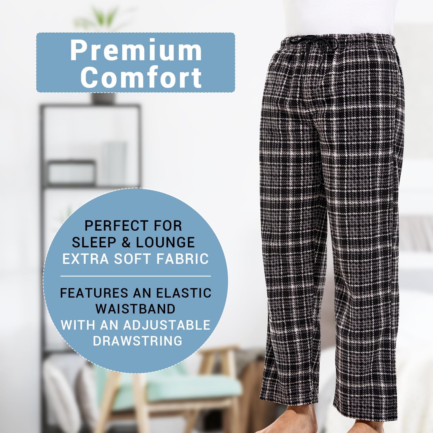 DG Hill 1Pack or 3Pack Mens PJ Pajama Pants Bottoms Fleece Lounge Pants Sleepwear Plaid PJs with Pockets Microfleece - Image 2