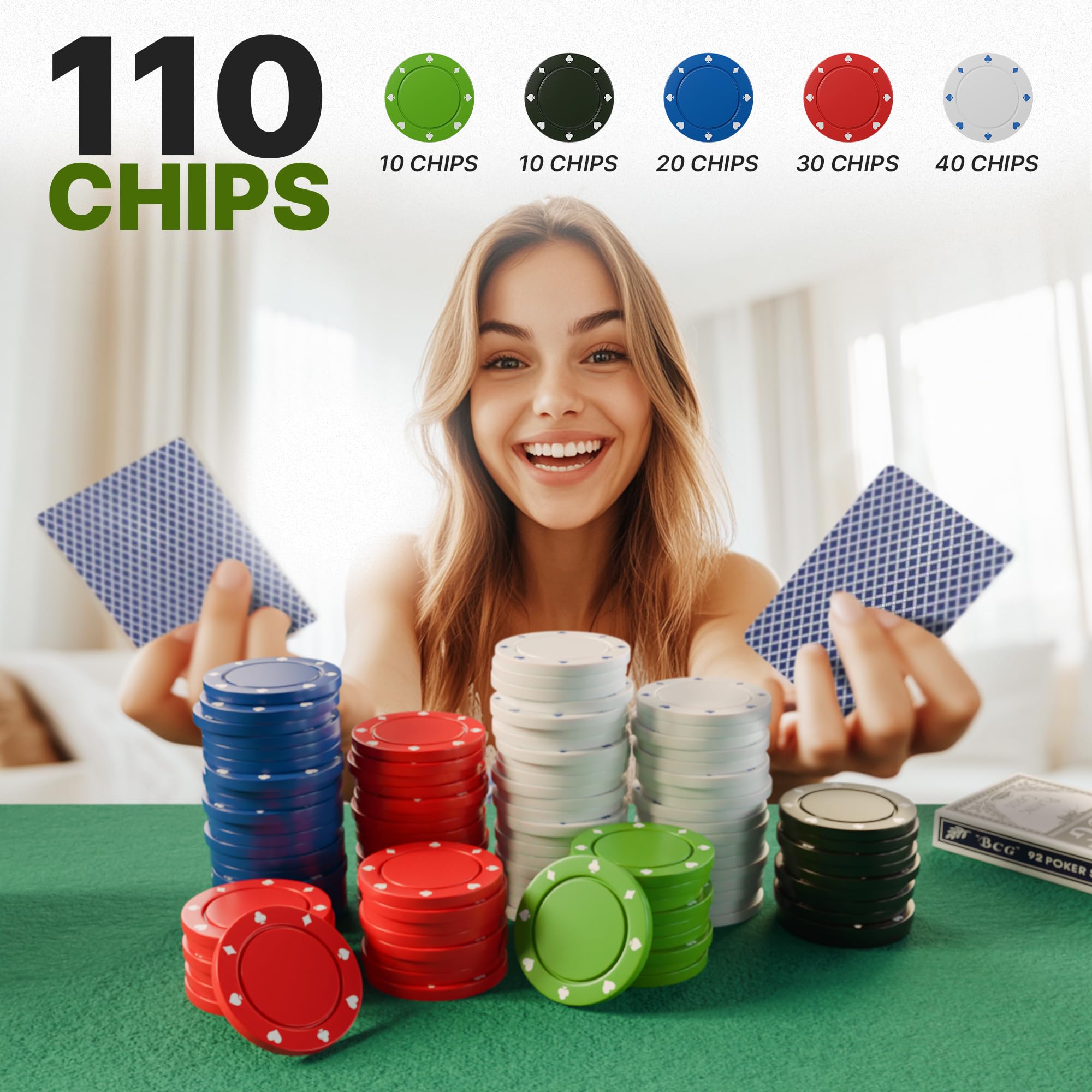 Soom Games Poker Set Compact Size with 110 Chips, Dealer Button, Big & Small Blind Buttons and Playing Cards - Image 2