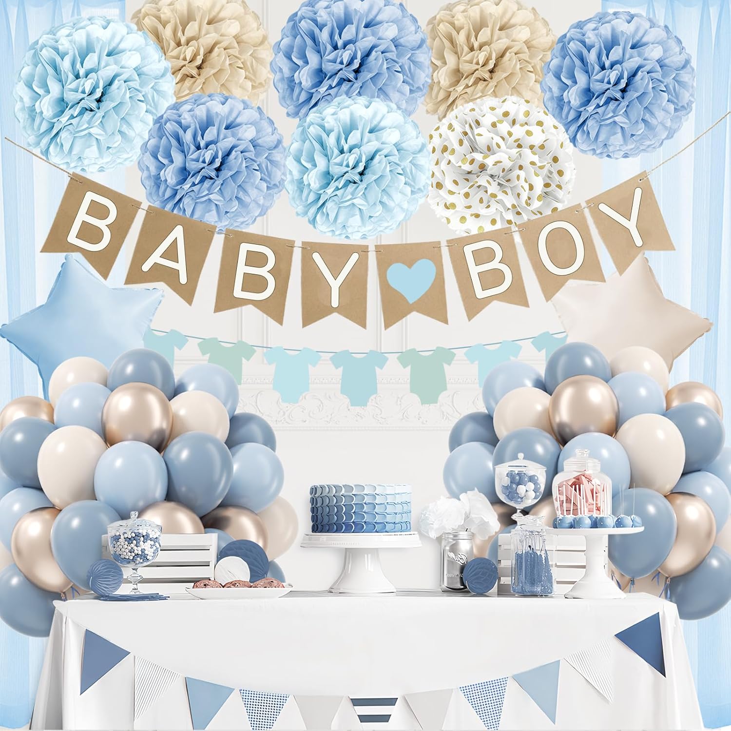 Dusty Blue Baby Shower Decorations with Dusty Light Blue Sand White Gold Paper Pompoms Balloons Metallic Gold Balloons Banner for Grnder Reveal Baby Shower Decorations - Image 7
