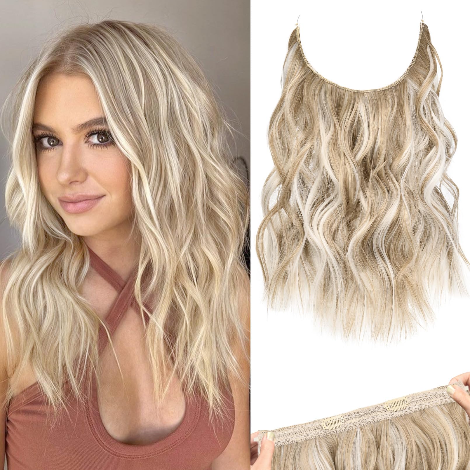 Photo 1 of REECHO Invisible Wire Hair Extensions - Dark Blonde w/ Highlights, 12 Inch