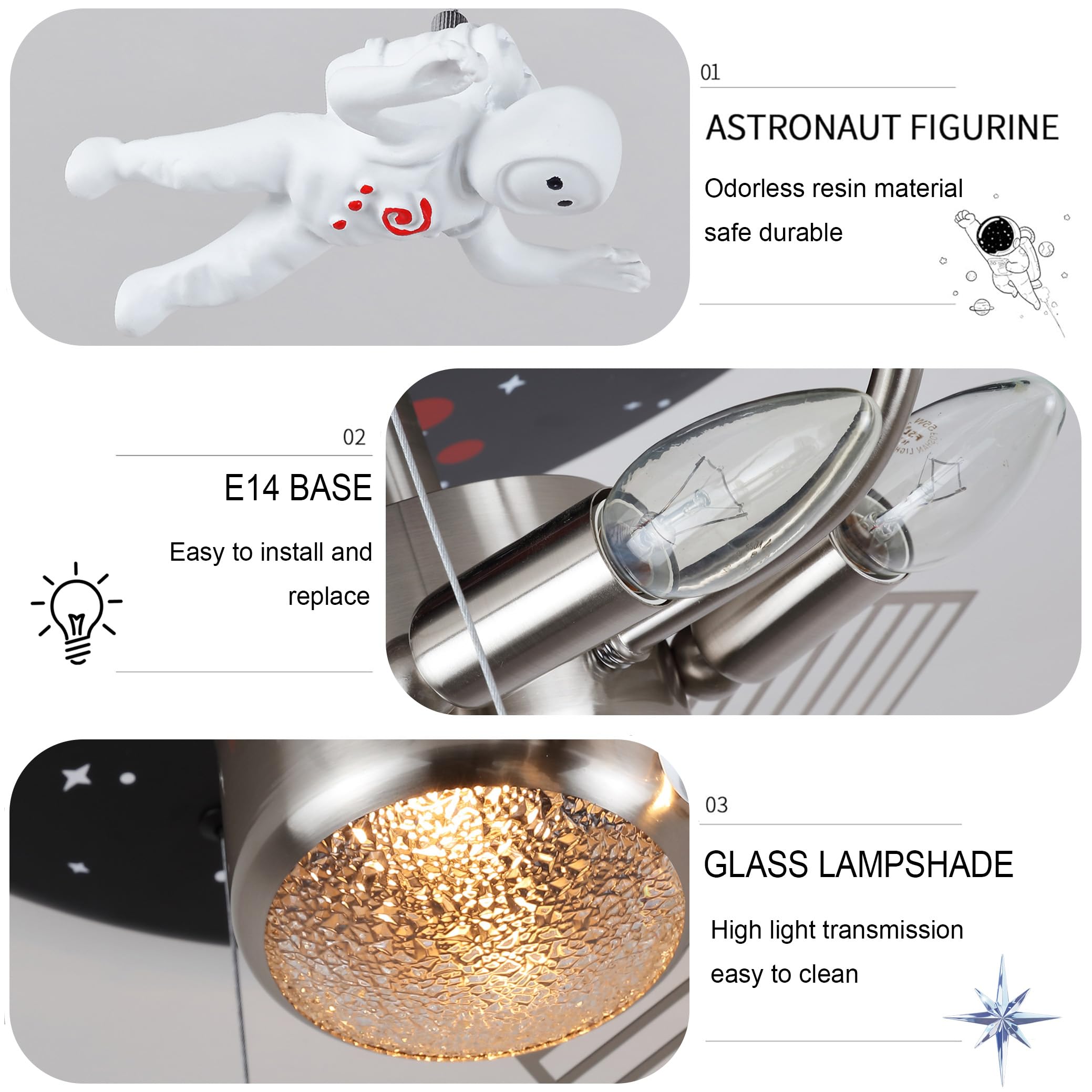 Modern Deckenlampe Kinderzimmer Junge, Kreative Astronauten Kinder Deckenleuchte Weltall Theme, E27 Kinderzimmer Lampe Decke Junge 2 X E14, ø 40 cm