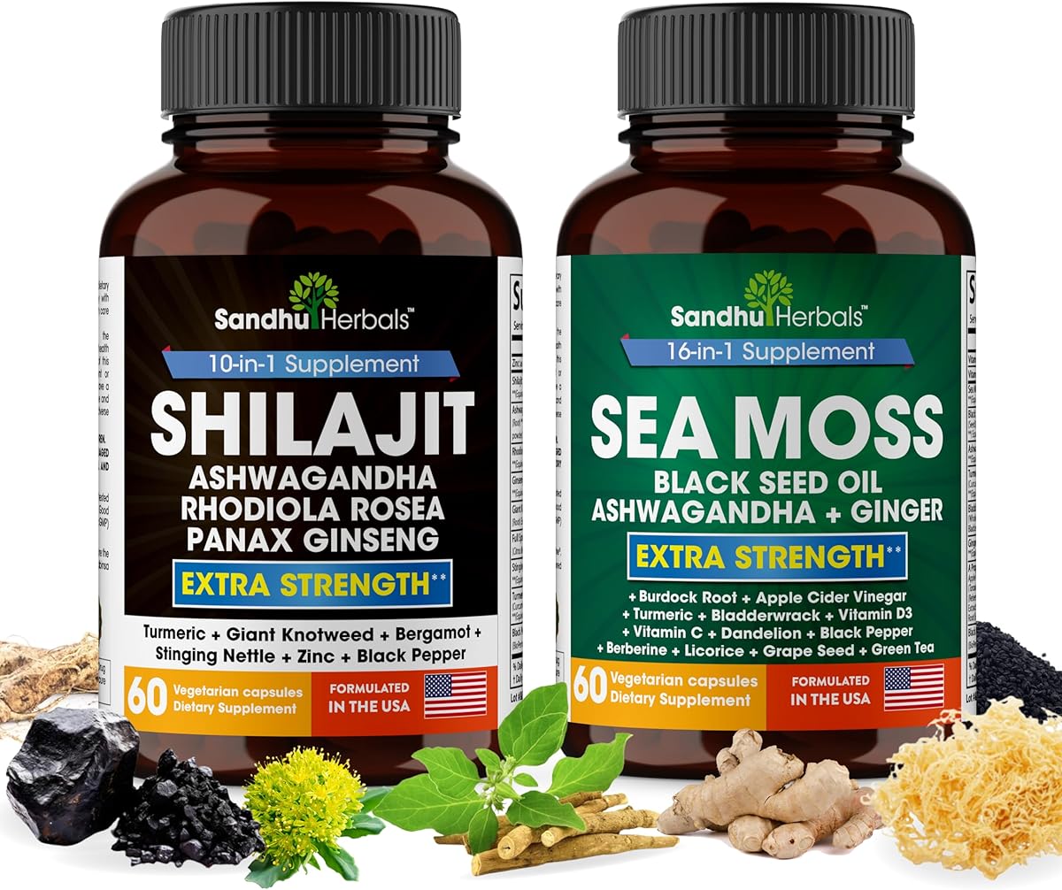 SANDHUHERBALS Shilajit Sea Moss Ashwagandha Combo Bundle - Black Seed Oil, Turmeric, Rhodiola Rosea, Panax, Ginseng Supplement | 120 Capsules, Better Than Gummies, Resin | Seamoss for Men & Women