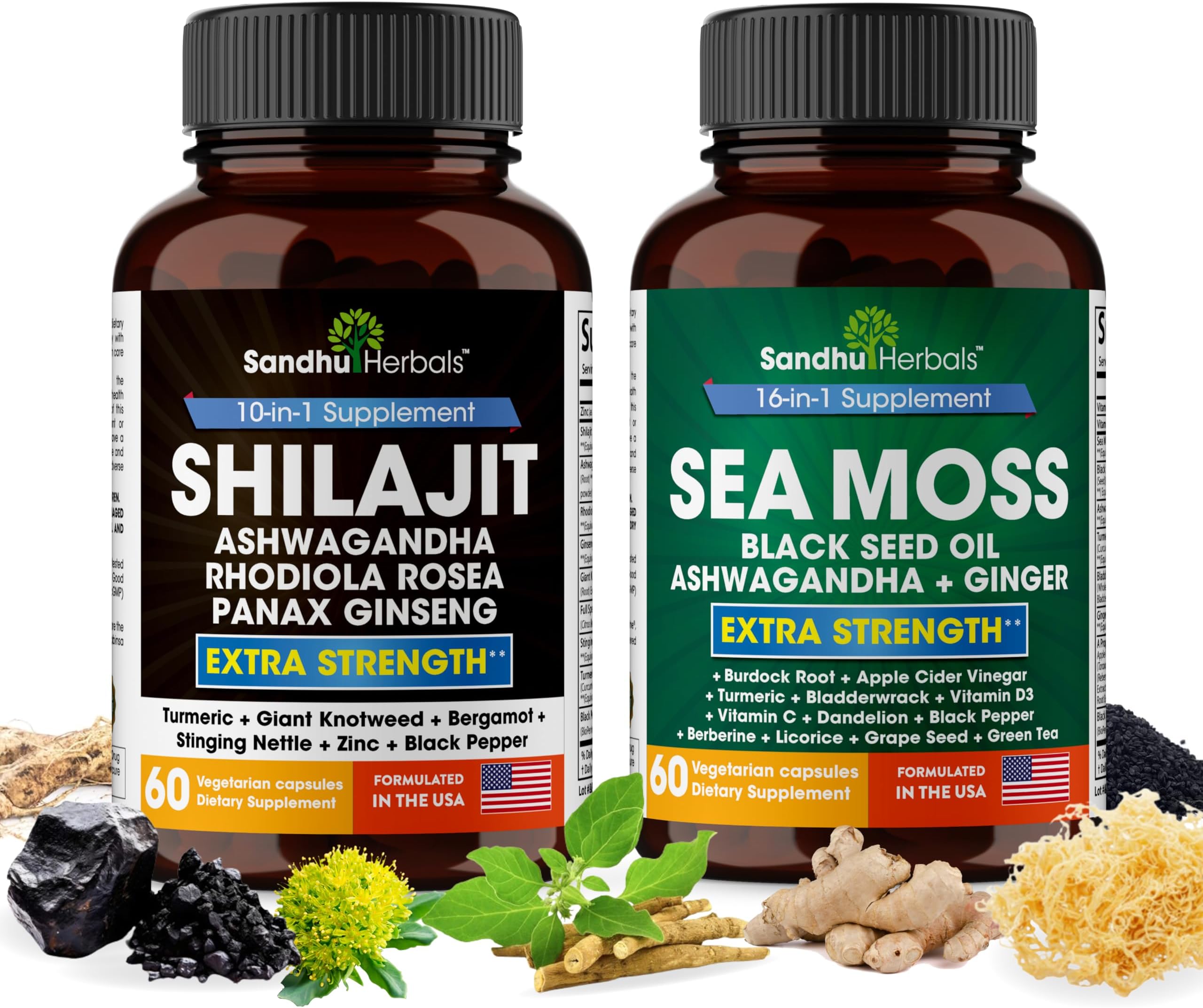Shilajit Sea Moss Ashwagandha Combo Bundle - Black Seed Oil, Turmeric, Rhodiola Rosea, Panax, Ginseng Supplement | 120 Capsules, Better Than Gummies, Resin | Seamoss for Men & Women