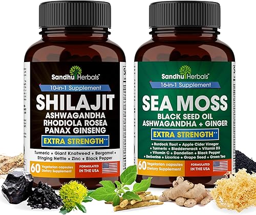 Shilajit - Paquete combinado de musgo marino Ashwagandha  Aceite de semilla negra, cúrcuma, Rhodiola Rosea, Panax, suplemento de ginseng  120