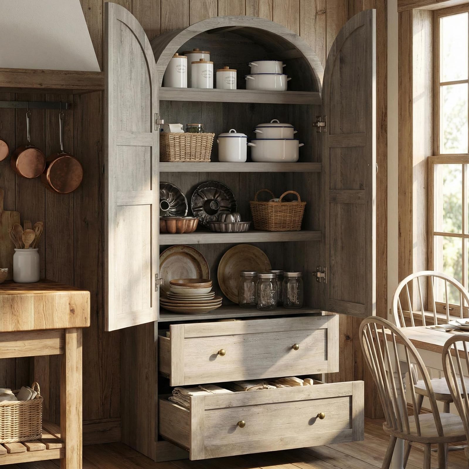 Photo 1 of ***FOR PARTS ONLY/ HAS BROKEN & DAMAGED PIECES*** IDEALHOUSE 72" H Arched Kitchen Pantry with 2 Drawers, Farmhouse Wooden Tall Kitchen Storage Cabinet w/ 2 Doors & 3 Shelves, Versatile Freestanding Food Cupboard for Kitchen, Dining Room, Rustic Gray