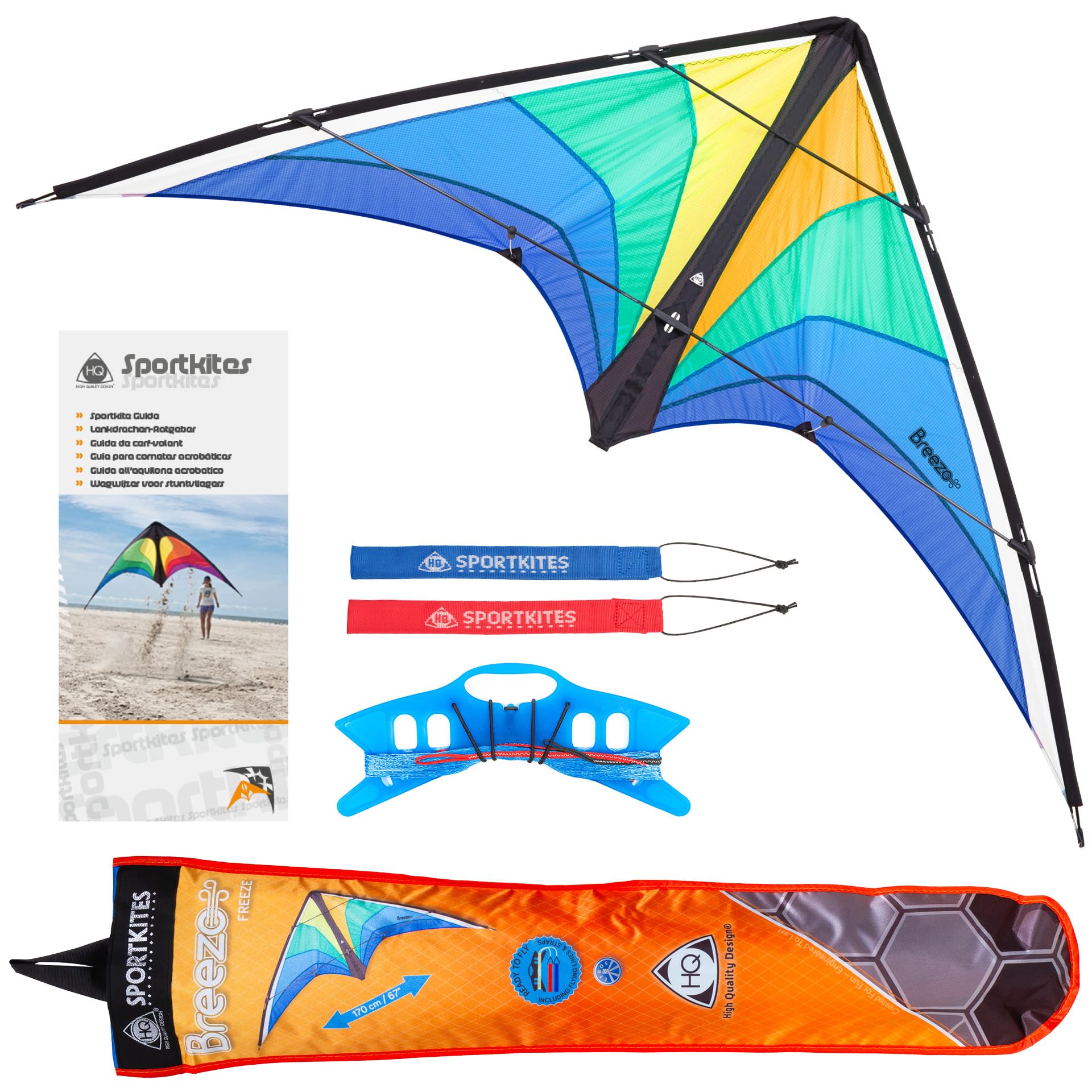 HQ Design Aquilone Breezo 2 linee per bambini e adulti a partire dai 12 anni 82 x 170 cm con cinghie Dyneem 50 kp 2 x 25 m + passanti 2-6 Bft