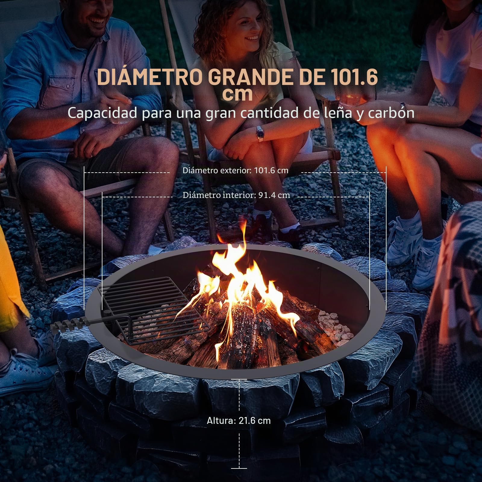 VEVOR Aro para Hoguera con Parrilla para Barbacoa Diámetro Exterior 1016 mm, Diámetro Interior 914,4 mm, Altura 215,9 mm, Revestimiento de Acero al Carbono, Anillo para Fogata sobre o en el Suelo