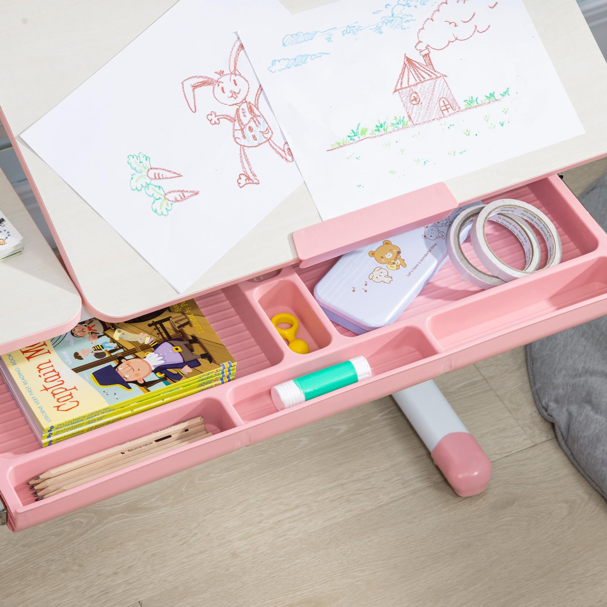 HOMCOM Juego de Escritorio y Silla para Niños de +3 Años Pupitre Infantil Altura Ajustable con 1 Cajón 1 Estante para Libros y Tablero de Mesa Inclinable 80x52x88-109 cm Rosa y Blanco