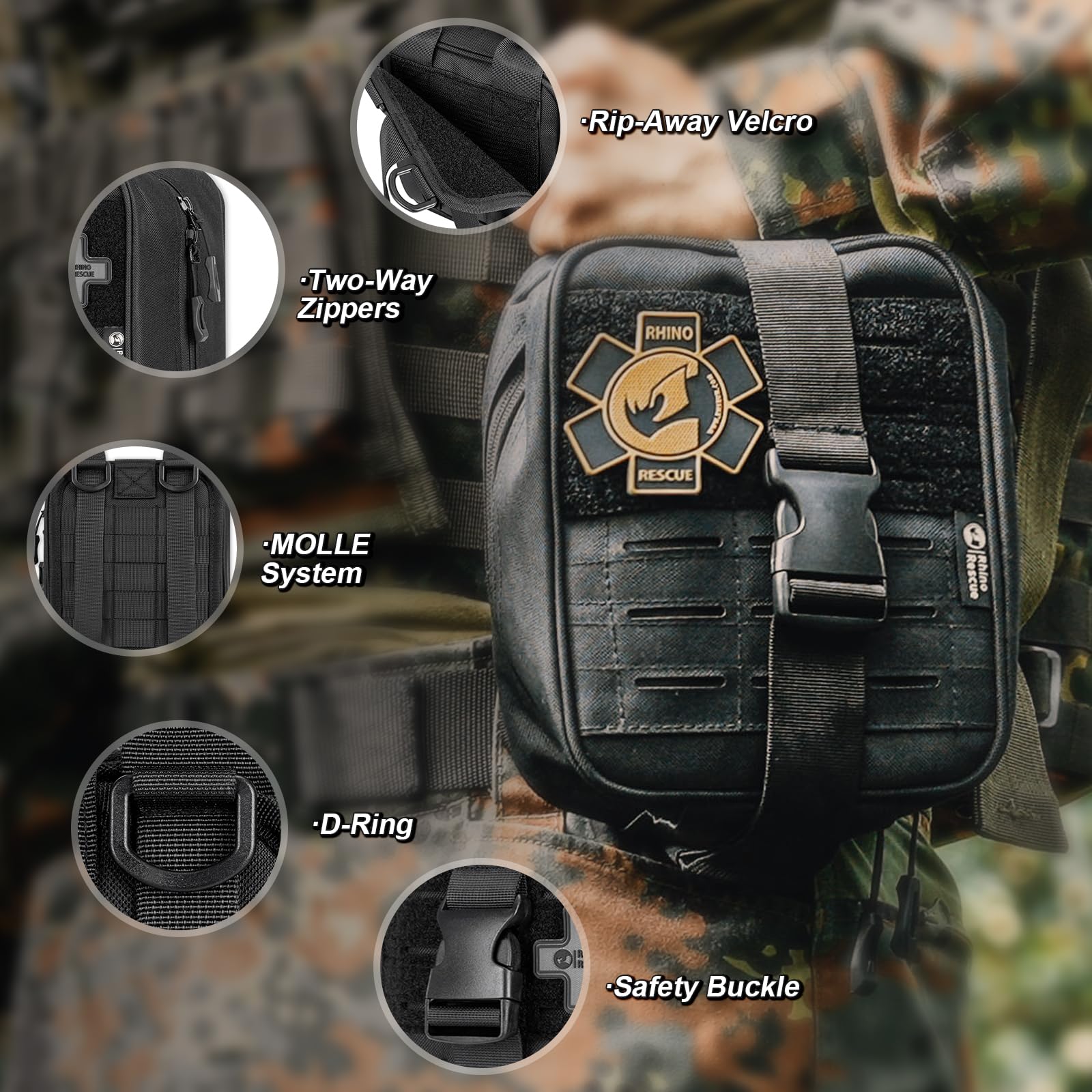 RHINO RESCUE IFAK, Erste-Hilfe-Kit, Trauma Notfallversorgung taktische mit Gaze und Bandage für Jagd, Camping, Reisen (Schwarz PRO)