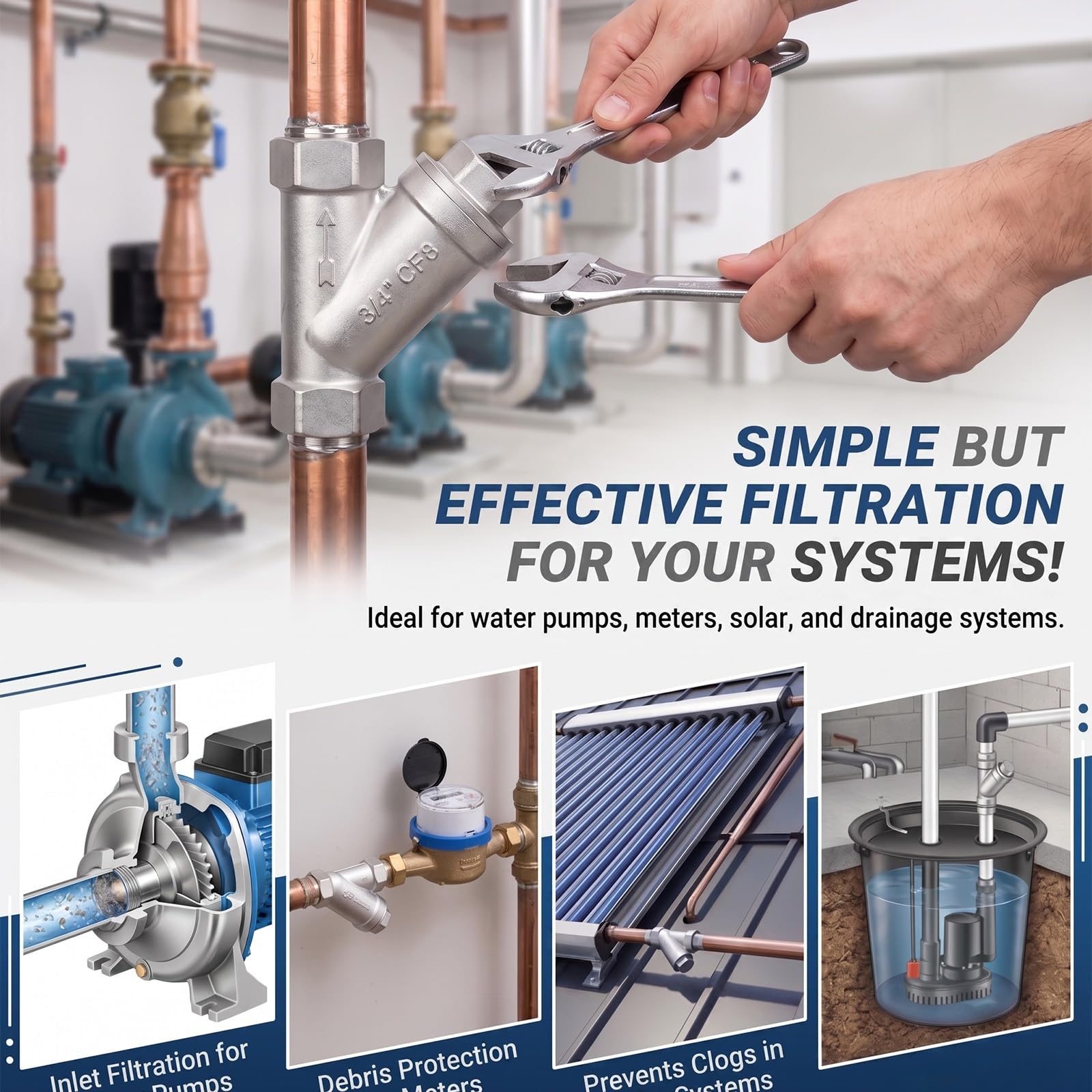 Filtro a Y in acciaio inossidabile 304, valvola filtrante for tubi filettati NPT, for impianti idraulici for pompe ad acqua for carichi pesanti, sistemi solari resistenti alle(3/8" DN10)