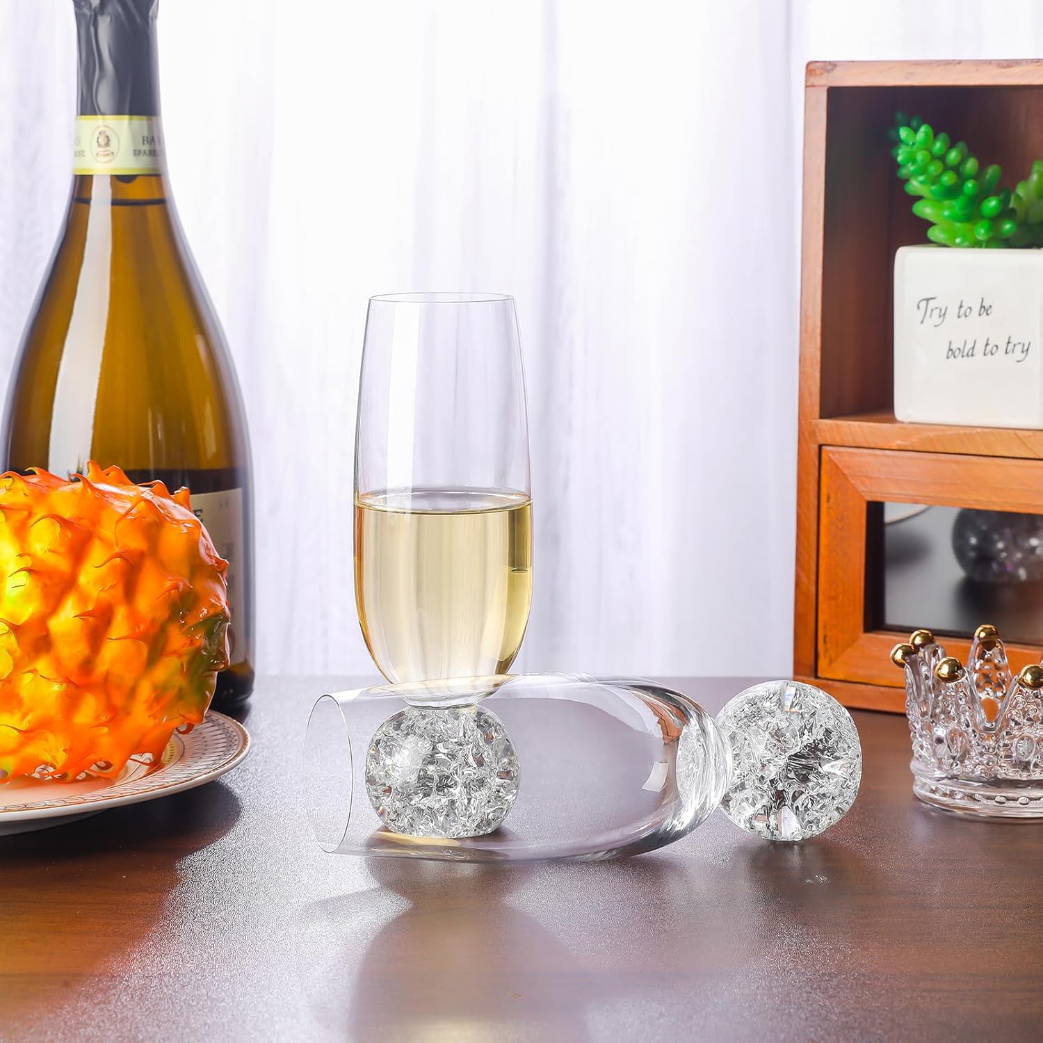 Lead-Free Crystal Champagne Glasses Set of 2, 7oz Stemless Champagne Flutes Glass with Bubbles Ball Base, Reusable Mimosa Glasses, Wine Glassware Gift for Birthday, Wedding, Party - Image 8