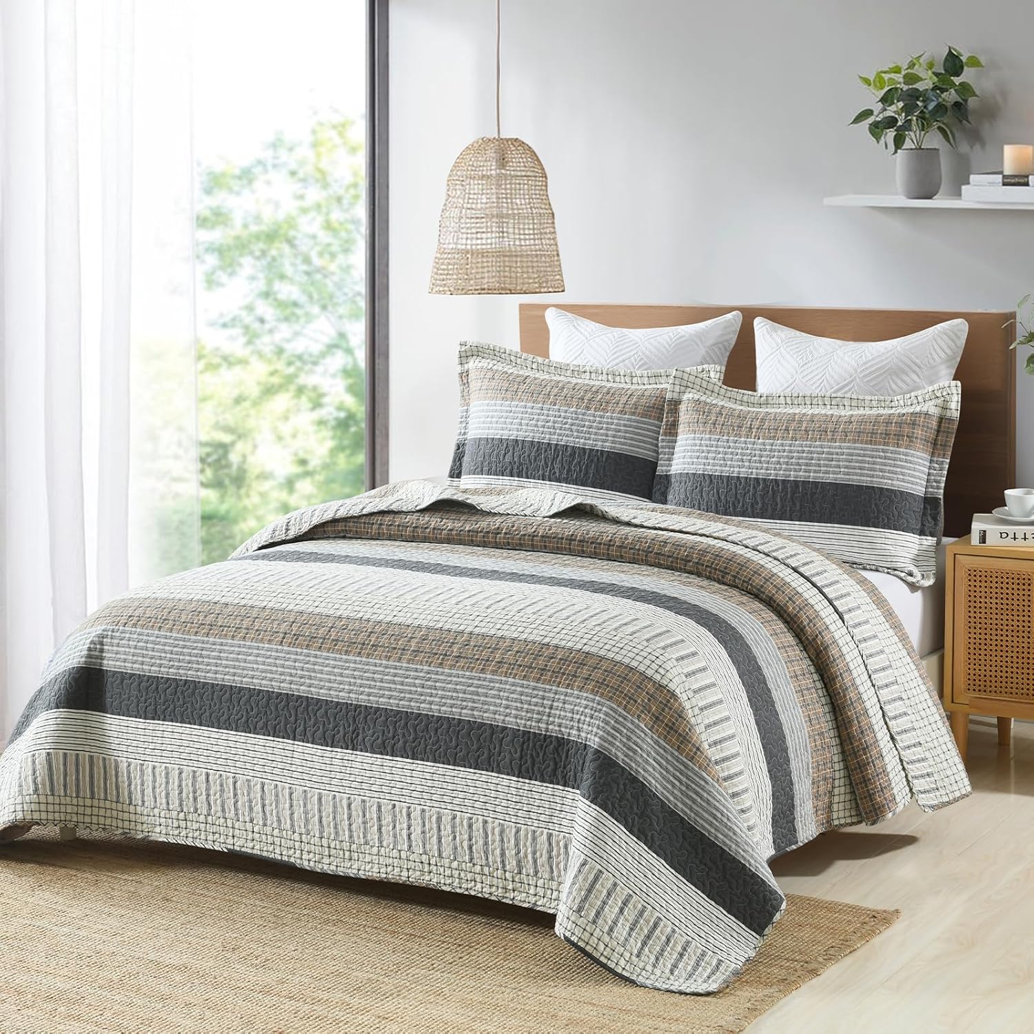 Uniclinens 100% Cotton Quilt Set Queen Size, Queen Quilt Bedding Set Bedspreads, Farmhouse Striped Coverlet, Lightweight Comforter Quilt, 3 Pieces Set with 2 Pillowshams, Gray/Brown/Beige - Image 2