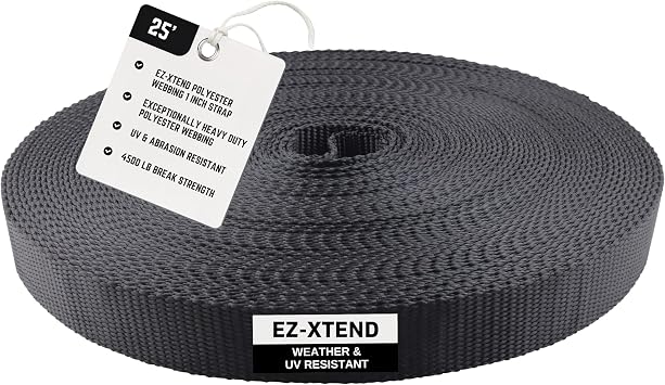 EZ-Xtend Polyester Webbing 1 inch Strap Heavy Duty Polyester Strapping Outlasts & Outperforms Nylon Webbing Straps and Polypropylene Webbing Strap - 4500 Lb. Breaking Strength Black, 1" x 25 yards