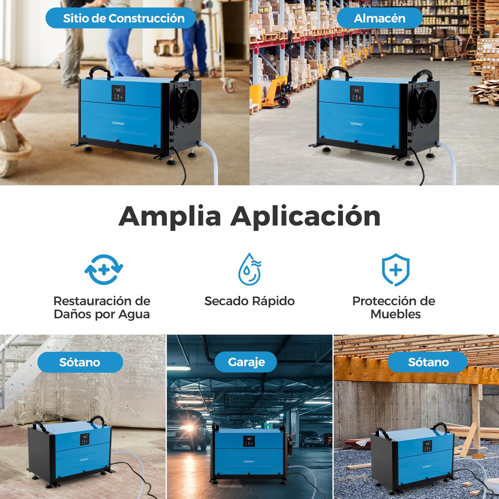 COSTWAY Deshumidificador Industrial de 73,5 L/Día, Deshumificadores de Humedad Silencioso con 3 Modos y Temporizador de 24H, Manguera de Drenaje y Descongelación Automática, Azul