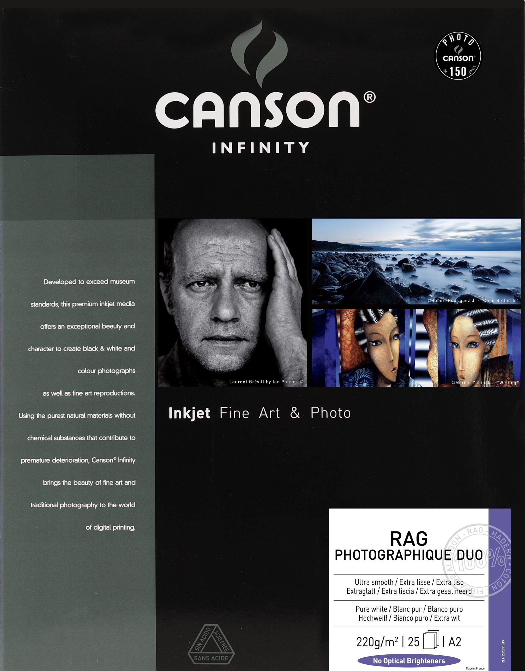 Canson Infinity Rag Photographique Duo 220gsm, doublesided ultra-smooth matte inkjet paper, A2, box of 25 sheets