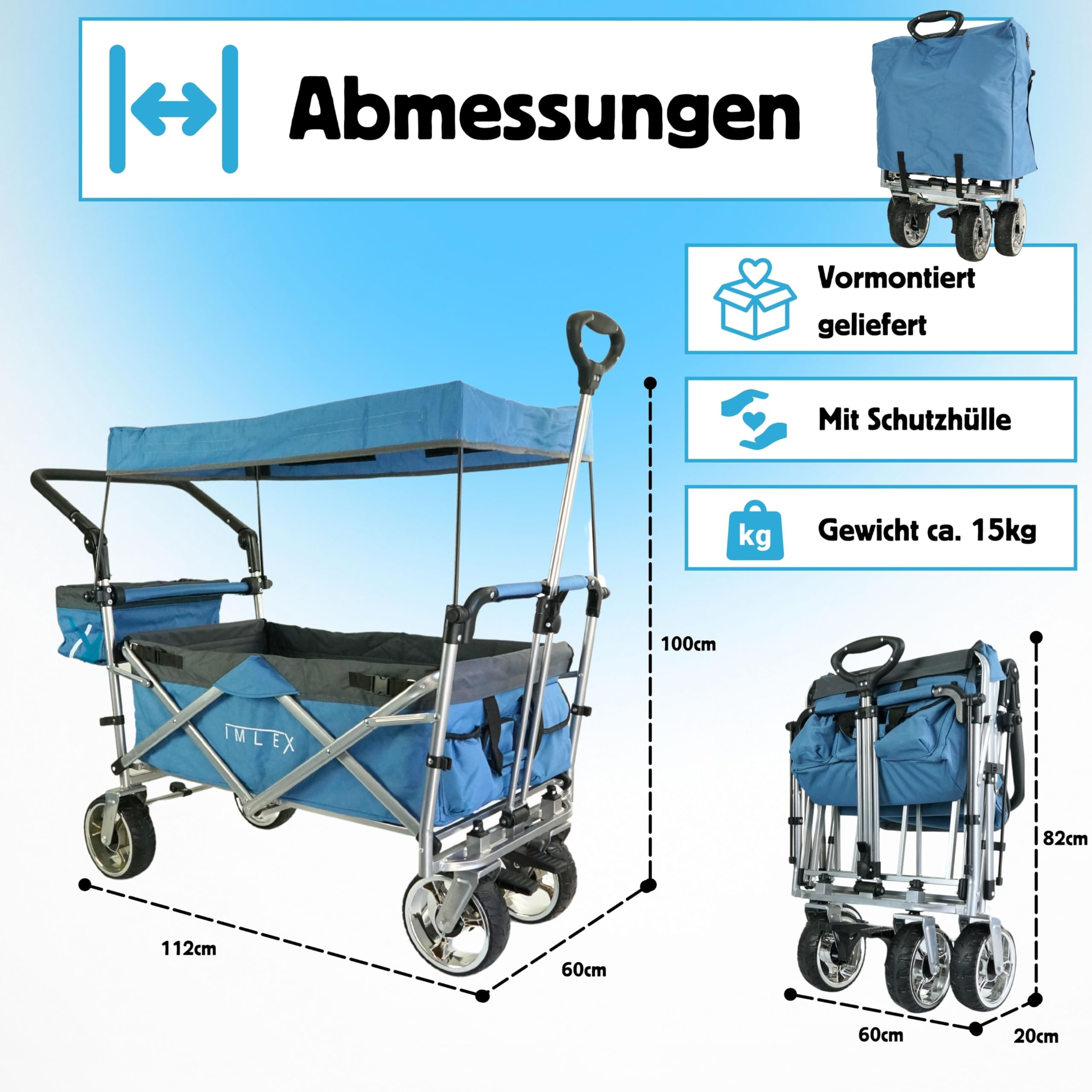 IMLEX Bollerwagen faltbar XXL mit UV Dach – Handwagen für 2 Kinder bis 80 kg – klappbar mit Schiebegriff & Zugstange – Geländereifen – ideal für Strand, Camping, Garten, Zoo & Freizeit IM-4268 Blau