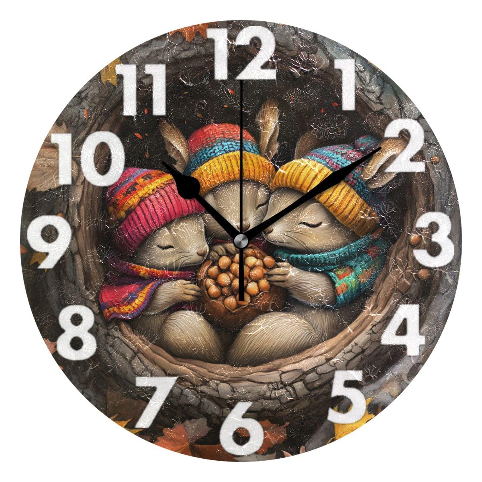 Horloge murale ronde écureuils colorés pour salon et cuisine