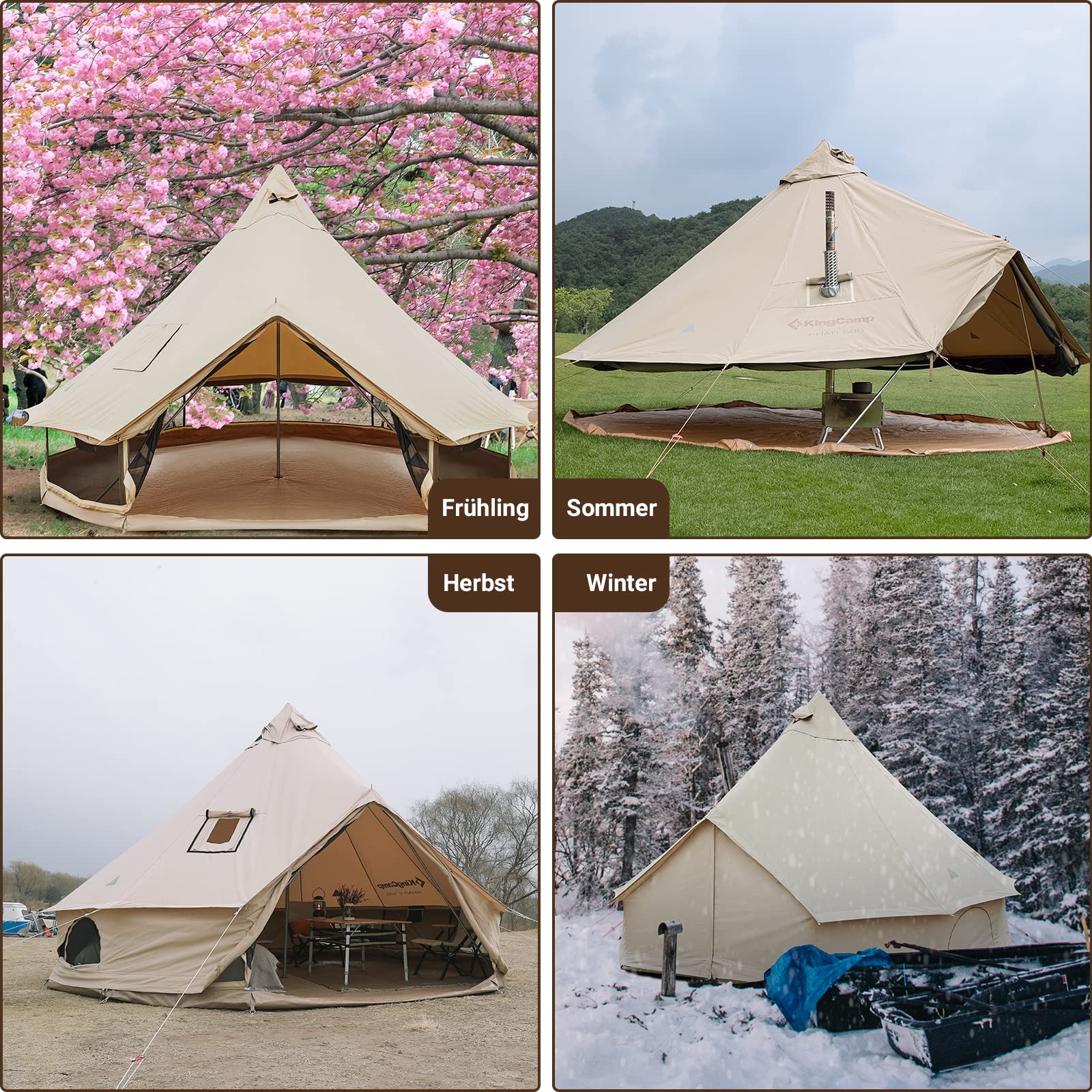 KingCamp Khan 4-5M Canvas Glockenzelt, 4-10 Personen 4-Jahreszeiten Glamping Jurte mit Ofenöffnung, 210g TC /280g C Atmungsaktives Wasserdichtes Campingzelt für Familien-Outdoor-Winterreisen, Khaki