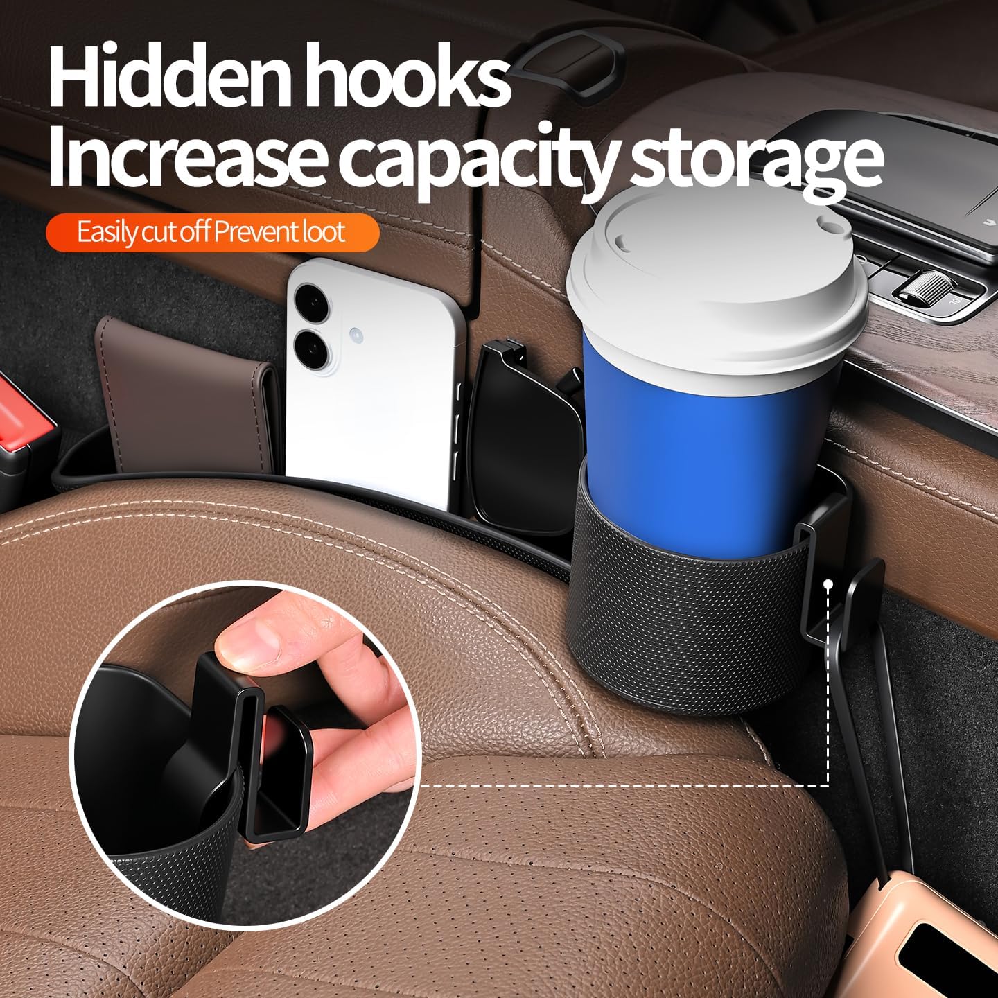Car Seat Gap Filler Organizer, 2PCS Car Seat Gap Plug with Storage Slot, 3-in-1 Seat Gap Filler with Cup Holder & Hooks, Car Interior Organizer for Sedans SUVs Trucks, Black (2)