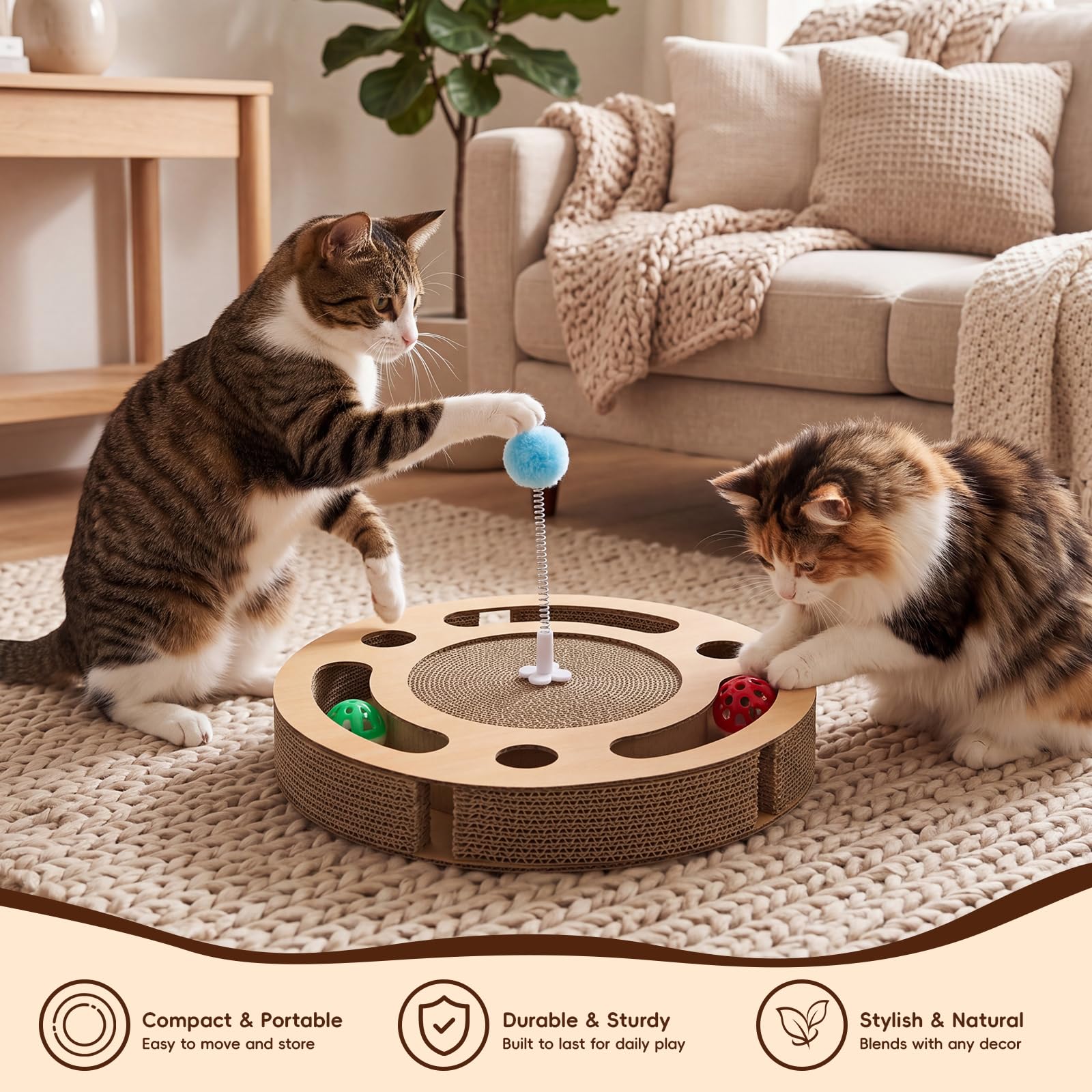 Pinkunn Lot de 3 tapis à gratter pour chat avec 2 boules cloches et 3 baguettes à ressort pour chat, pour l'intérieur, jouet anti-stress, exercice, protection des meubles
